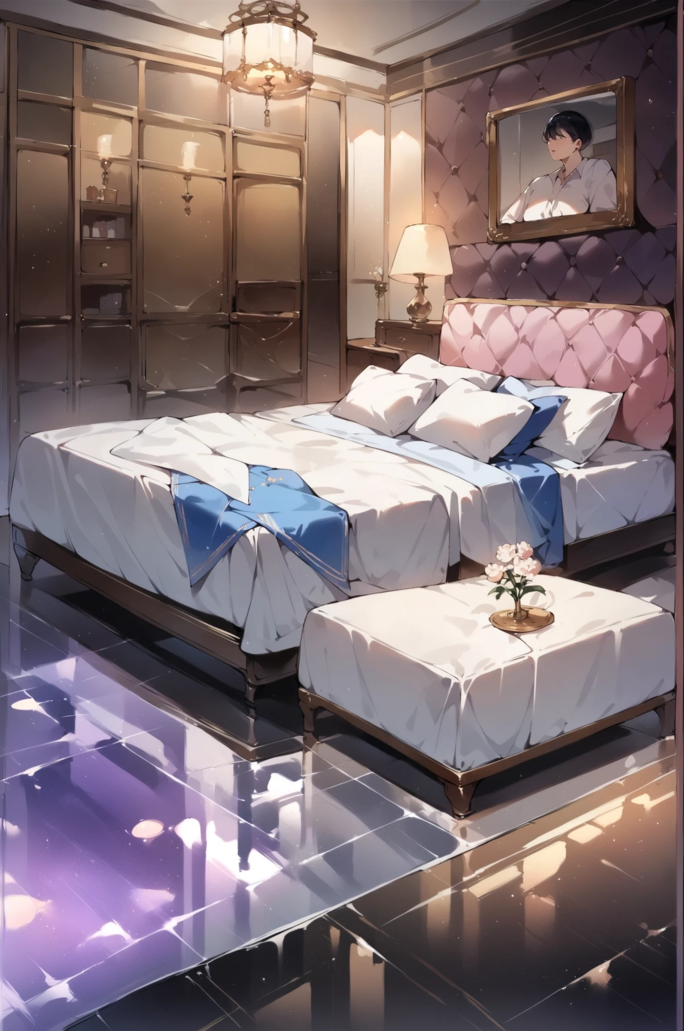 source_anime,score_9, score_8_up, score_7_up, rating_safe, lovehotel, reflection ground,glowing bed,ceiling,