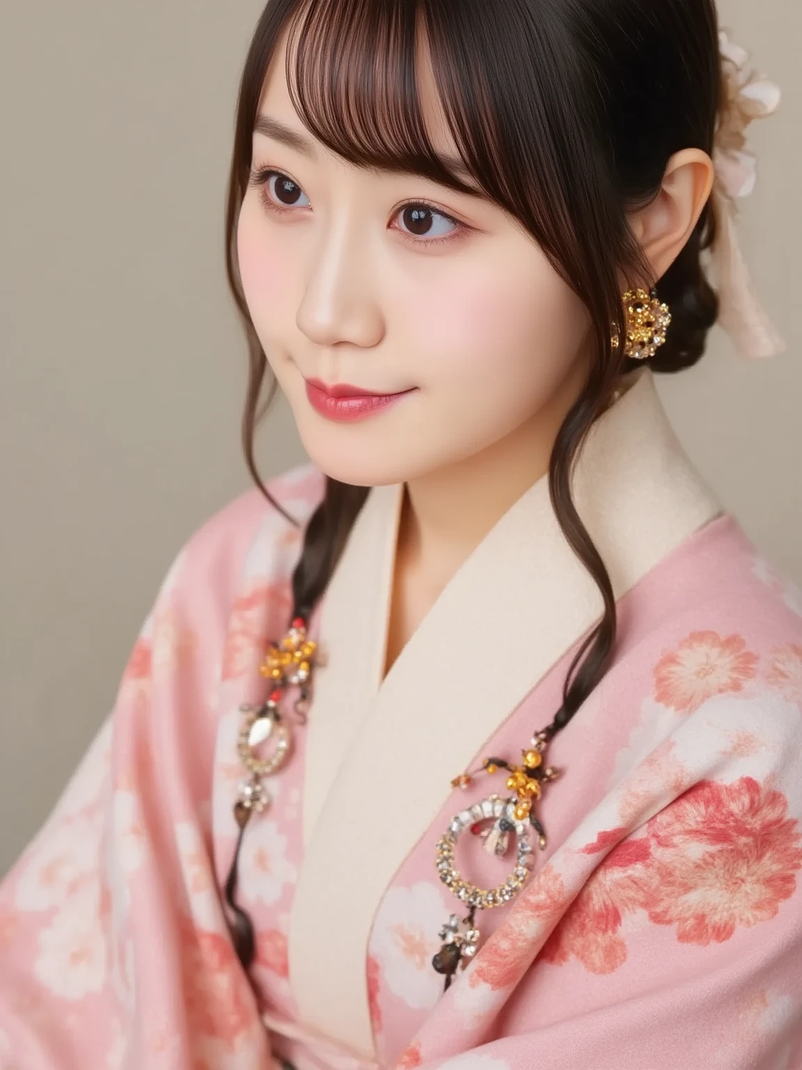 (Professional portraits, realistic and perfectly shaped subjects:1.3), (masterpiece, best quality:1.2), (Realistic, hyper realistic, photorealistic:1.3), ultra highres, intricate details, ultra detailed, (extremely detailed CG, unity 8k wallpaper:1.3), distinct image, perfect lighting, BREAK (1 Japanese idol, 18 years old), (cute, kawaii), (perfect anatomy, correct limb:1.2), Detailed beautiful delicate face, Detailed beautiful delicate eyes and eye highlights:1.2, (Very thin and delicate eyelashes that are not too long), (alluring eyes, beautiful round big eyes, finely detailed beautiful brown big eyes and detailed face:1.2), natural makeup, stylish face, (lustrous skin, realistic detailed skin), (perfect body:1.2), (full face blush, shy, embarrassed:1.5), light-smile:1.3, BREAK (narrow waist, wide hips:1.2), (cowboy shot:1.3), dynamic angle, (light brown medium hair, half-updo hair:1.3), looking at viewer:1.2, ((Adjusting hair with one hand, putting her hair behind her ears:1.3)), BREAK ((nsfw, undressing Furisode, extremely detailed Glittering thick kimono, extremely detailed Gorgeous thick kimono, perfect nipples:1.5)), (first visit of the year to a shrine:1.4), (beautiful hair ornament, simple earrings:1.2),
