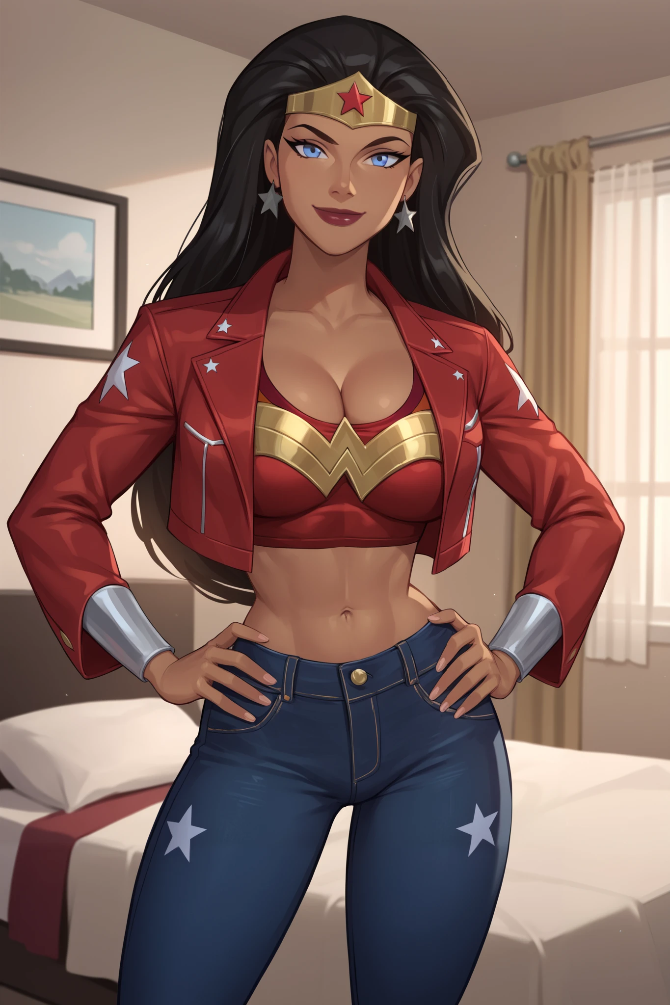 PonyXLV6_Scores BREAK ((parody), perfect anatomy, perfect eyes, cowboy shot), BREAK diana prince, long hair, black hair, blue eyes, lipstick, dark-skinned female,  ((looking at viewer)),  cleavage, jade red jeans, jade red leather jacket , jewelry, star earrings, tiara, star print, large breasts, curvy, toned, athletic, bedroom, indoors, jade red crop top,  standing, happy expression, smile, closed mouth, open jacket, hands on hips 