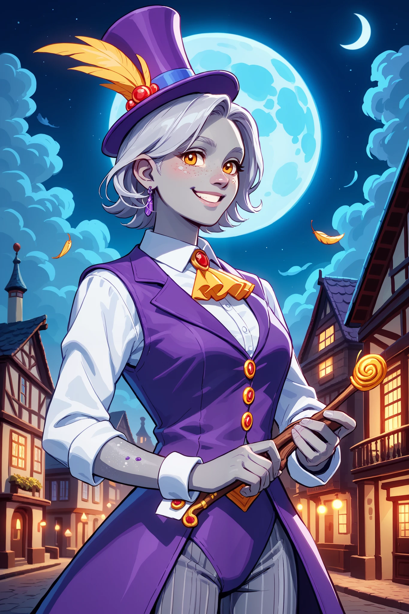 earth genasi, solo, female, grey skin, short silver hair, freckles, (wearing a large purple silk top hat, magicians hat, yellow feather hat decoration), (wearing purple vest with a ruffled colonial white shirt underneath), (yellow ruffled neck collar), top hat fit snuggly, ((wearing grey pinstripe colonial trousers)), magicians attire, beautiful body, dazzling, graceful, smiling, flirting, (holding a small wooden magician's wand in her right hand), ((performing in a village square near the coast)), night scene, colonial style buildings, full moon in sky, dungeons and dragons, fantasy art,