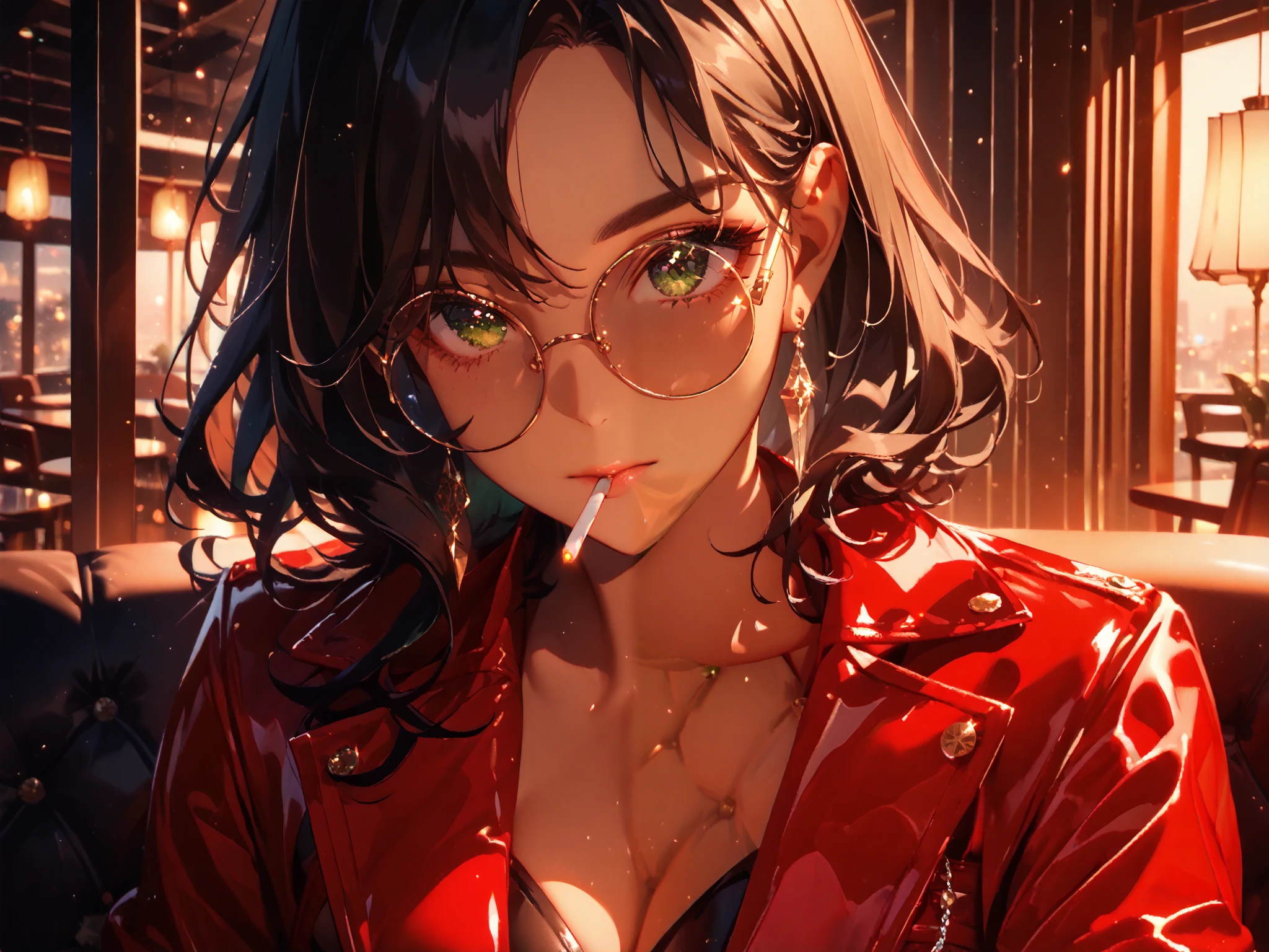 semi-portrait, solo, 1girl, dark green eyes ((Eyes with high detail, no defects, pupils of equal size)), old gucci, mafia, cold gaze, tanned skin, beautiful, cigarette in hand, black hair, curly hair, lush hair, mature, red raincoat dress, cleavage, black gloves, large round sunglasses, sits on a leather armchair, restaurant, dark decor, european decor, indoors, warm sunset, evening, particles, fractal, best quality, 8k, highres, masterpiece, ultra-detailed, dramatic lighting