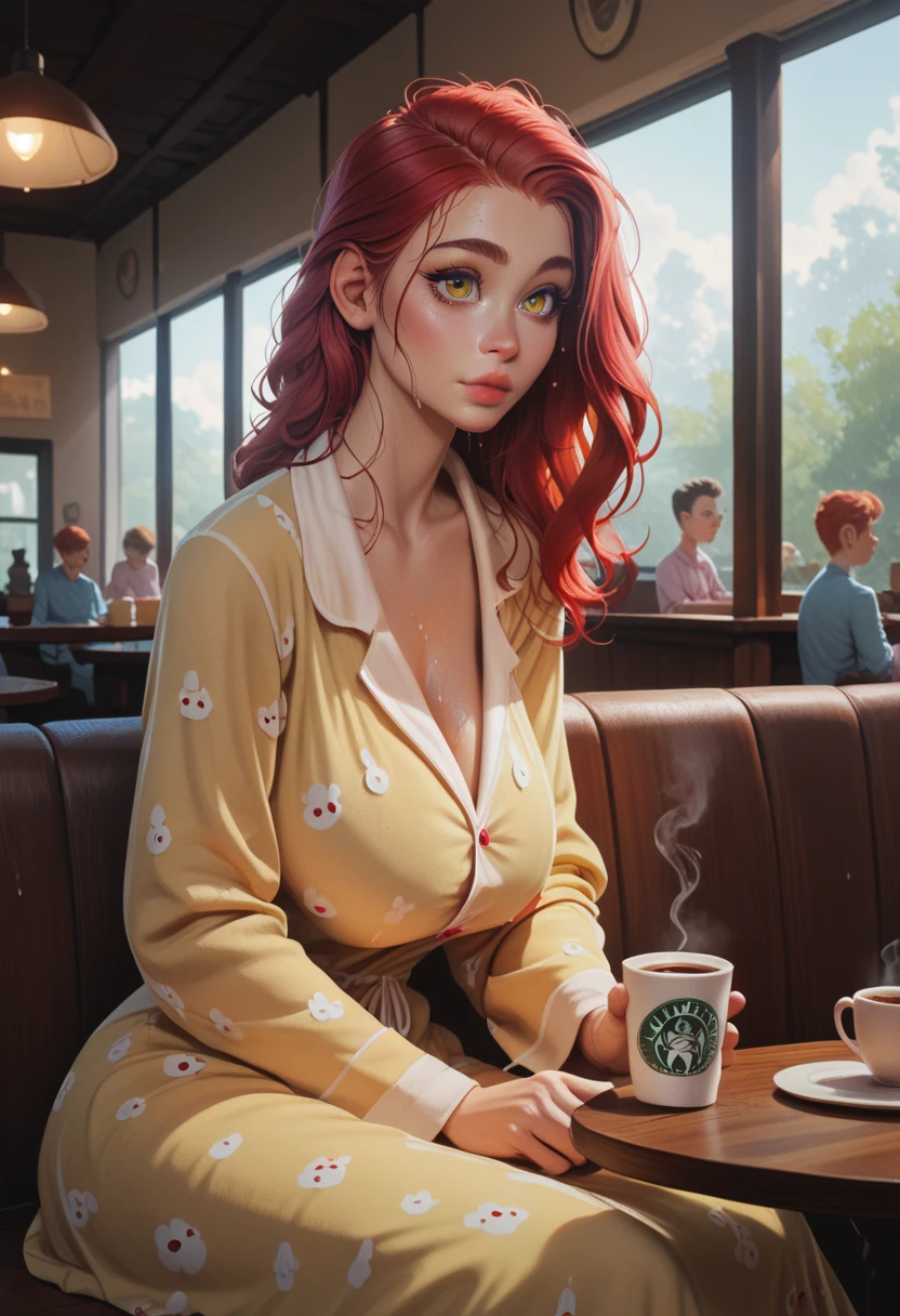(yellow, detailed eyes), saggy ,  hyper-chest, detailing the face ,  body detail , Wet Body,  long dress ,  hair above eyes, lips, redhair,  dressed in pajamas, ((100 ,0 )),sitting at the table, inside a cafe , with a cup of coffee 