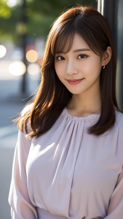 Brown Hair,Medium Hair,20-year-old female, Small nose, With the correct face, Cute natural smile, Japanese facial features, A clean and cute face, Cute realistic portrait, Asian Face, 8K Photo, Soft Makeup,Natural skin texture,Raw photo,highest quality,Full Body Shot,Hiding her breasts with her hands,Pink clothes
