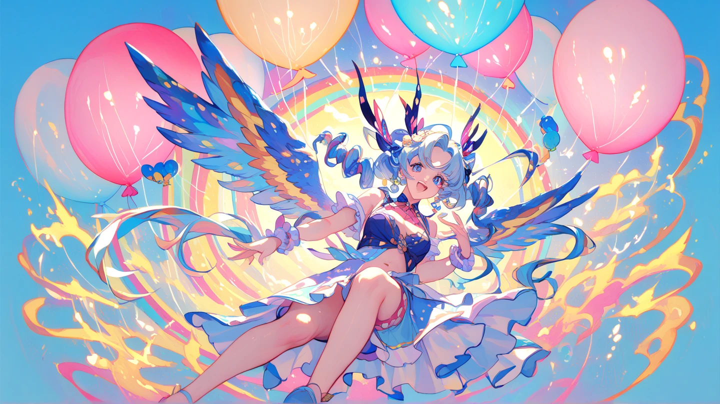 ((Jewelry crown)),Contemporary art born from traces of colorful gemstones、Princess Dresses、masterpiece、ultra-detailliert、pop-art、innocent smiles、eye glass、(1 girl, Solo:1.6),(Cute smile), (Best Impact:1.5), (maximalism:1.7), Vivid contrast, (Realistic), hyperrealistic illustrations, hight resolution, ultra-detailliert, absurderes,(Fractal Art:1.3), hairstyle、 hair color colorful、FULL BODYSHOT、Retro、Precise focus、randome pose、cinema4d、Drama, kawaii, cute, adorable woman with pink, yellow, and baby blue color scheme. She is dressed in sky-themed clothes made out of clouds and sky motifs. Her outfit is fluffy and soft, with decora accessories like hairclips. She embodies the vibrant and trendy Harajuku fashion style." horns, demon wings, big boobs,big ass, big lips, juicy lips, huge hair, smile, short hair with buns