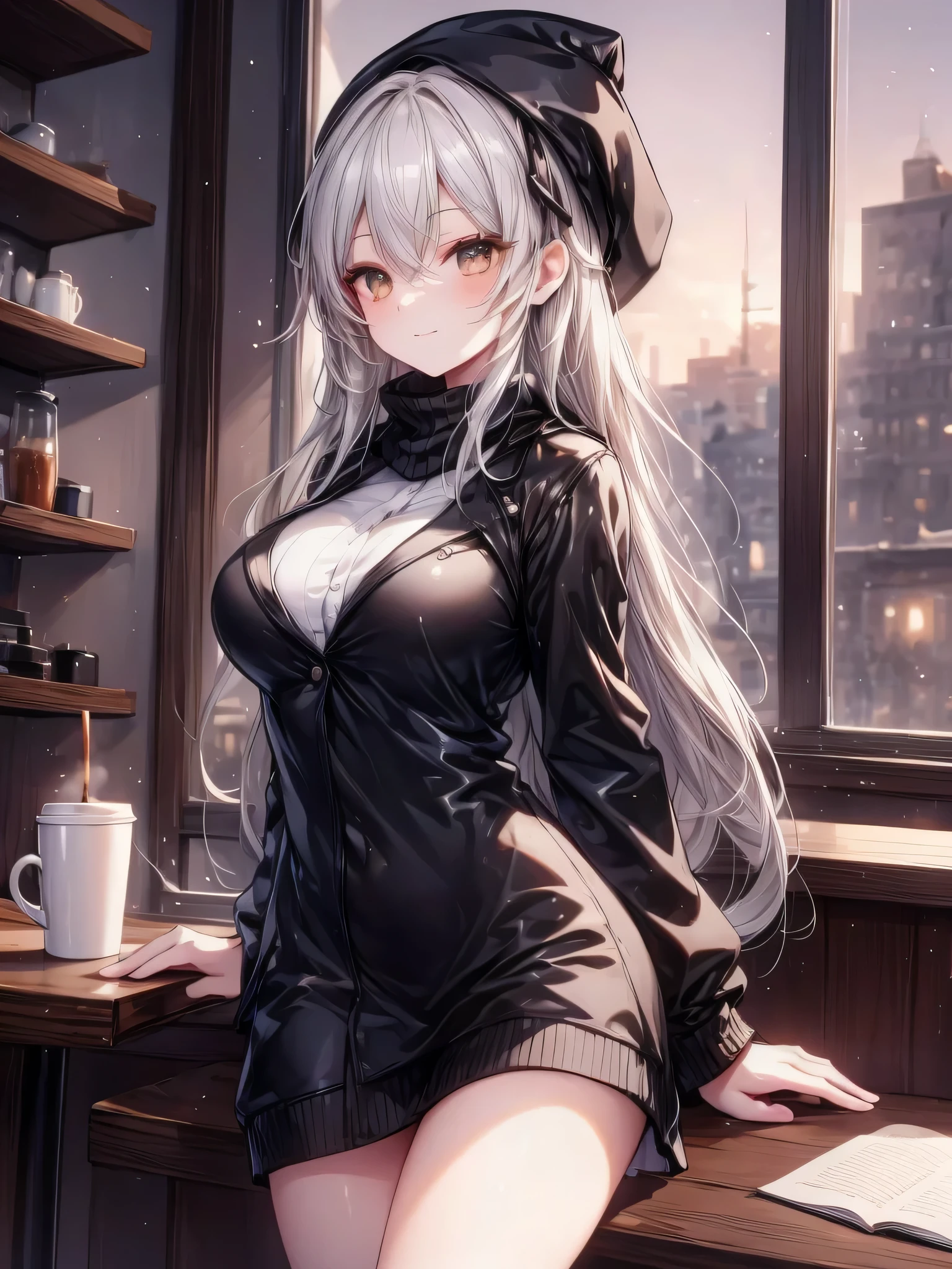 masterpiece, 1girl, Amazing Cleavage:1.3, thin waist, big ass, Raised sexy, medium breast:1.3,posed cleavage:1.2,solo, looking at viewer, open mouth, have a cup of coffee,black hair, red eyes, dress, bare shoulders, jewelry, collarbone, sidelocks, hairband, earrings, indoors, off shoulder, :o, sweater, arms behind back, plant, short hair with long locks, white hairband, off-shoulder dress, sweater dress, off-shoulder sweater, red sweater, big side hair, very long side hair,is rendered in (masterpiece: 1.2, best quality), with (ultra high resolution) and an exquisite (depth of field). This masterpiece is not only visually stunning but also tells, make of cooking some cakes ,in the kitchen