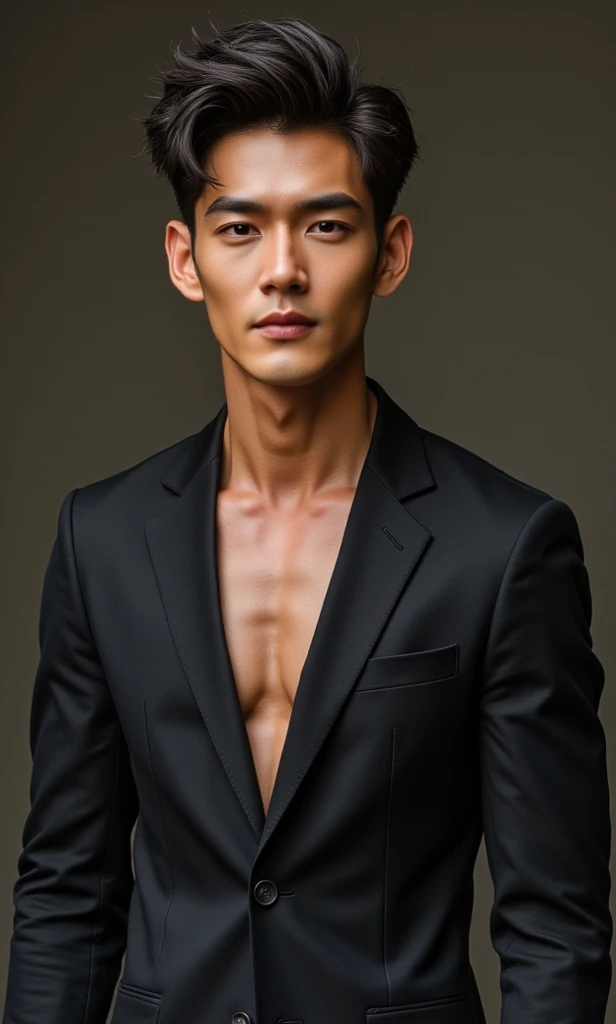 Asian man,27years,hot frat guy wearing a suit, open shirt, black suit jacket, black suit pants, showing off his body, defined abs and defined pecs, smirking,  ultra realistic, shot with cinematic camera, high quality photography,, flash with softbox, 4k, Canon EOS R3, hdr, smooth, sharp focus, high resolution, award winning photo, 80mm, f2.8, bokeh, masterpiece realistic, best high quality,Real-life Photorealism, Raw Portrait Photography , There are abs, Differential crushing cap, rough breath, Black hair, Messy hair, modern, hyper HD, Masterpiece, curate, This photorealistic portrait combines the style of National Geographic., Capture every detail of his textured skin in 8k resolution. Leica digital SLR. (8K UHD、RAW Photography、Photorealistic Portrait Leica Digital SLR、Lifelike images) , sitting on floor, , slightly open mouth, 