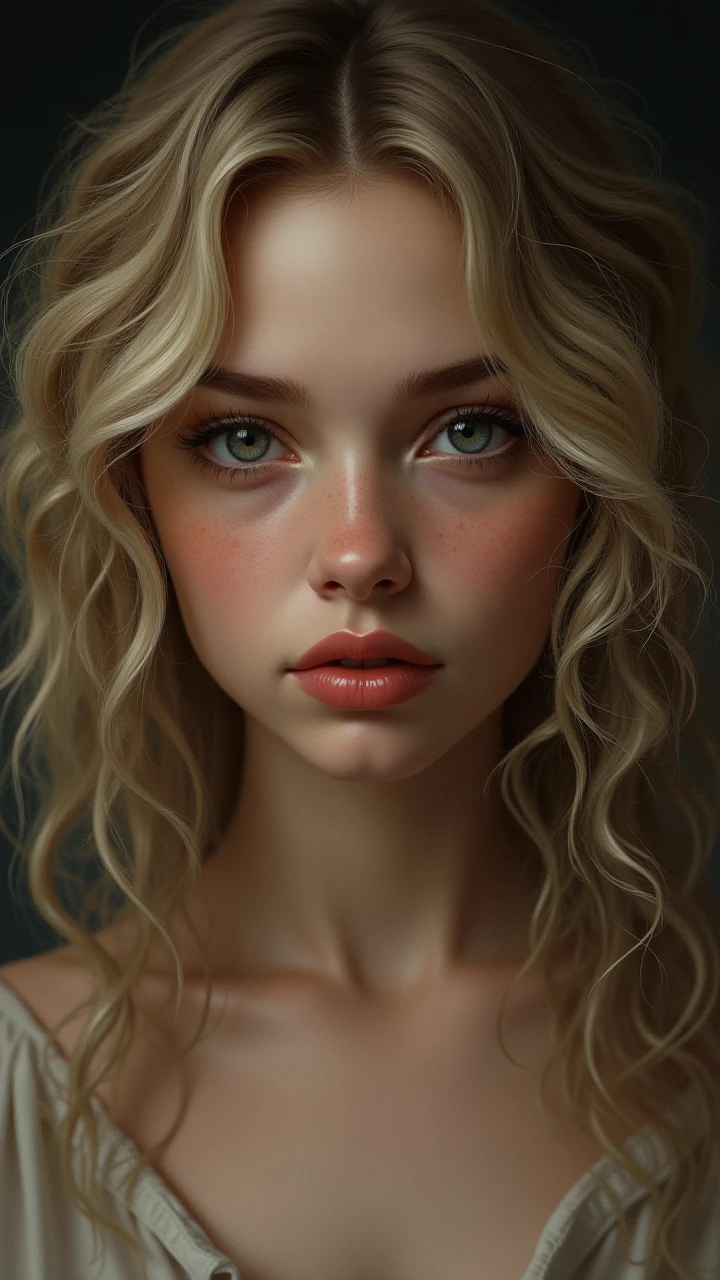 teenage girl with thick eyebrows, square shaped face, short chin, hooded brown eyes, long wavy blonde hair, and thin lips