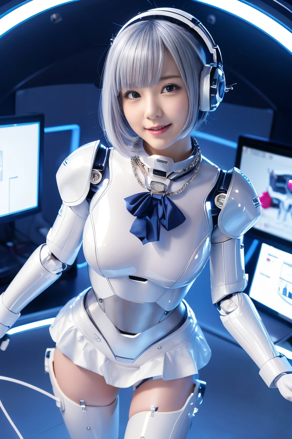 (top quality, high definition, masterpiece:1.2), very well detailed, realistic:1.37,(Perfect Anatomy),1 girl, cowboy shot ,Robot Remodeling Factory , Lots of monitor screens , cute and very beautiful Japanese idol woman,,( remodeled into a very cute robot :1.1),Laughter,beautiful eyes,beautiful skin, detailed facial features, Complex Hair, Detailed costume, beautiful lips,Super cute futuristic shiny milky white robot idol suit and ruffled miniskirt,Navy blue scarf, metal necklace ,, sober makeup,,Silver Bob ,Moe pose、Laughter, Cyber operating room