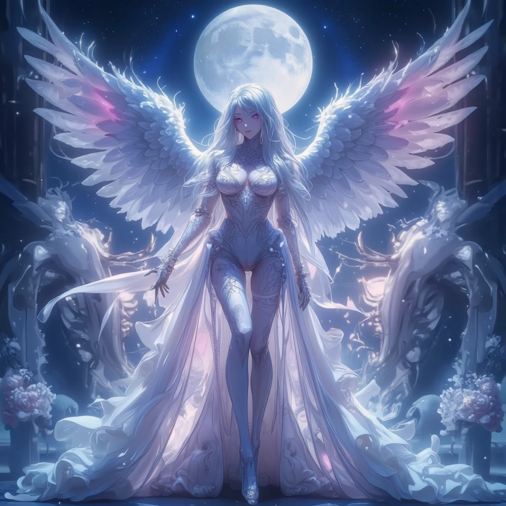/imagine a female adult white angel long flowing dress, covering all her body,  with a light around her and the background is stars and the sky, and she is carrying an orb