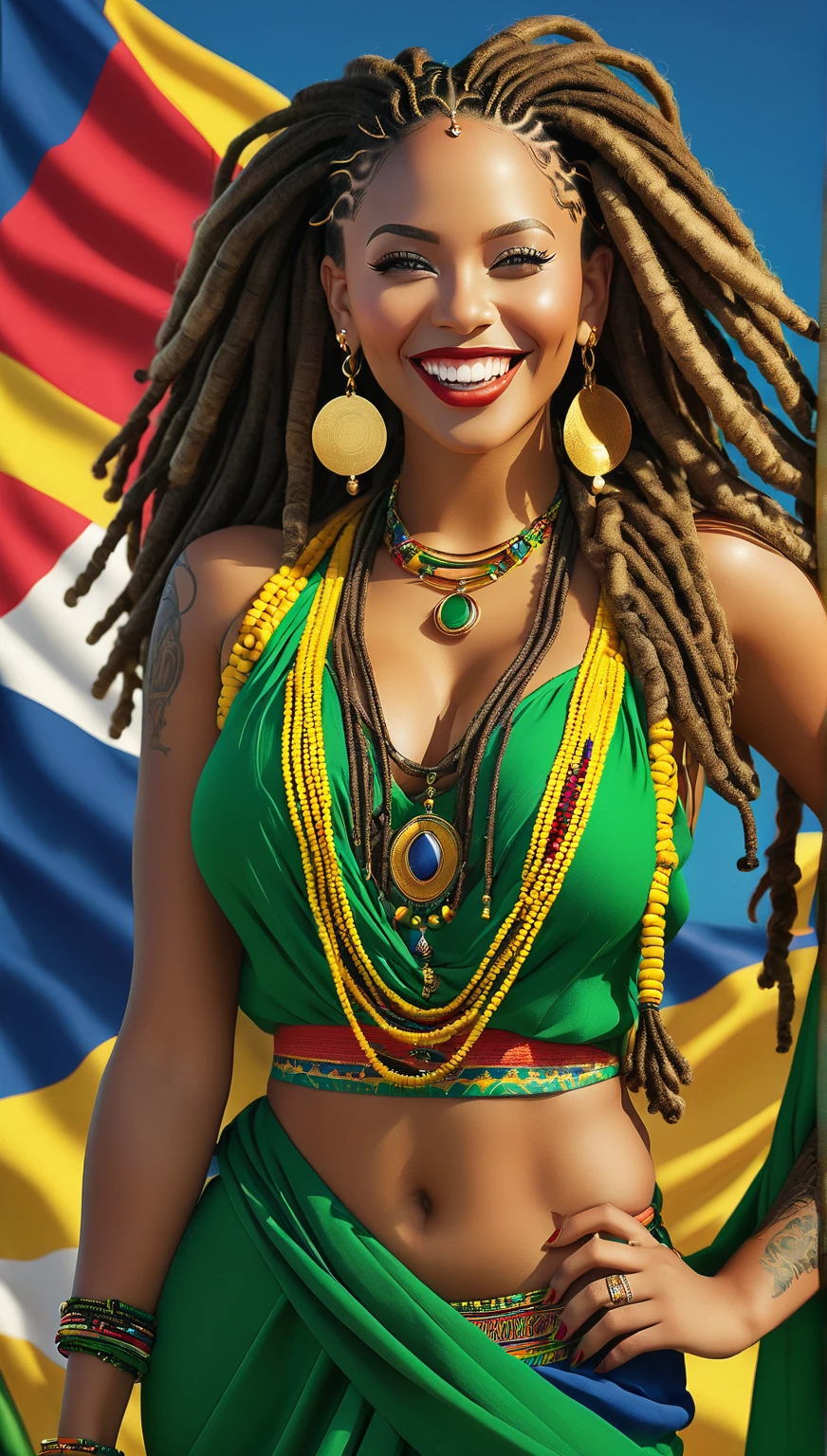 ((best qualityer)), ((8k)), Singer Tyla, with dreadlocks, beautiful and sensual, wonderful, powerful, goddess of beauty, wearing low-cut African clothes, with pure gold earrings and necklace, best smile in the world, bluish background with the colors of the flag of Cape Verde, very well detailed, a true masterpiece, seamless.