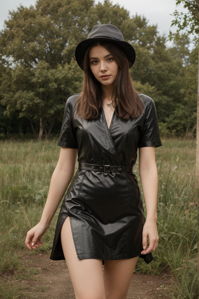 fullbody photo of a 30 years old blond with messy hair. She is standing on a path in a parkway of trees in summer. She is wearing a long black leather buttondown boho dress with short arms and slouchy black leather overknee boots. She is also wearing a black fedora style hat. She is looking seductive, erotic, sinful and lustful into the camera.