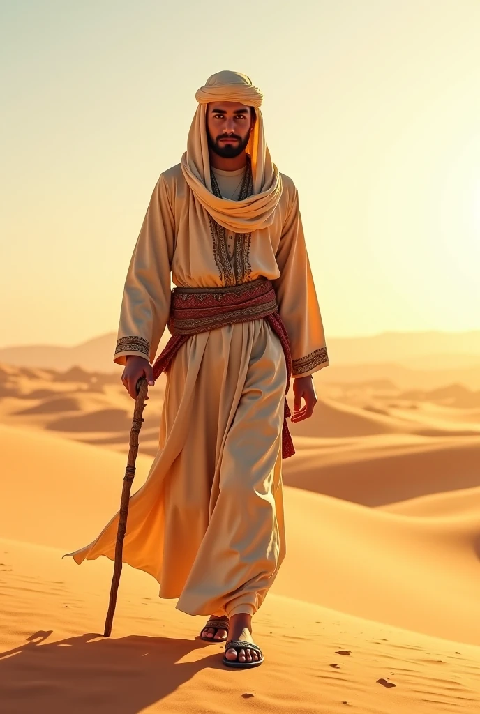 An Arab Bedouin man in old Arab clothes holding his sword standing on the top of a desert mountain