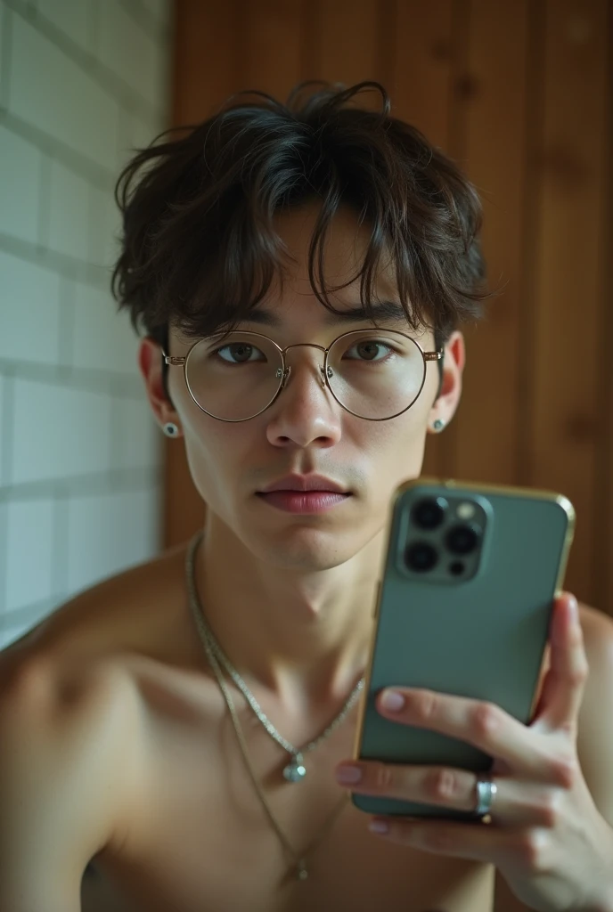 a man with glasses standing in a bathroom, south korean man, ulzzang with glasses, muscular korean boy 21 years old, filtered image, young man, Yeonjun, Yeonjun txt, Yeonjun TOMORROW X TOGETHER, detailed portrait, beautiful detailed eyes, beautiful detailed lips, extremely detailed eyes and face, long eyelashes, handsome, muscular build, stylish glasses, wet hair, steam in the bathroom, warm lighting, realistic, photorealistic, high quality, 8k, masterpiece, intricate details, cinematic lighting, dramatic shadows, vivid colors, emotional expression