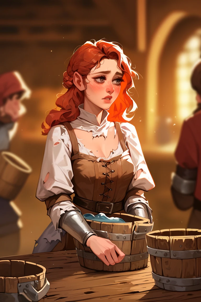woman, barbarian, dreamy (detail)+, (pronounced contours)+, middle ages, rage, (red eyes) short bob hair