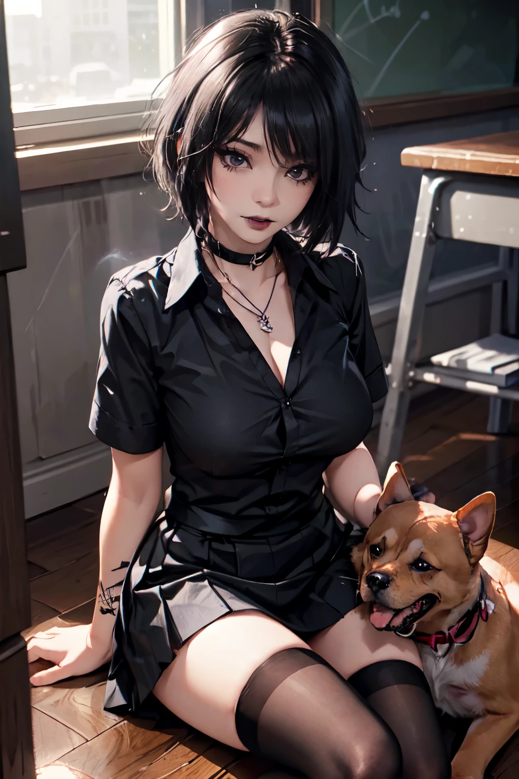 1girl, woman, emo_hairstyle, black lipstick, dog collar, eyeliner, eye shadow, smoky eyes, realistic lighting, school, shirt , necktie, skirt, black tighhighs, short hair, flat chest, shiny skin, smug, smirk, tight clothes, perfect fit.