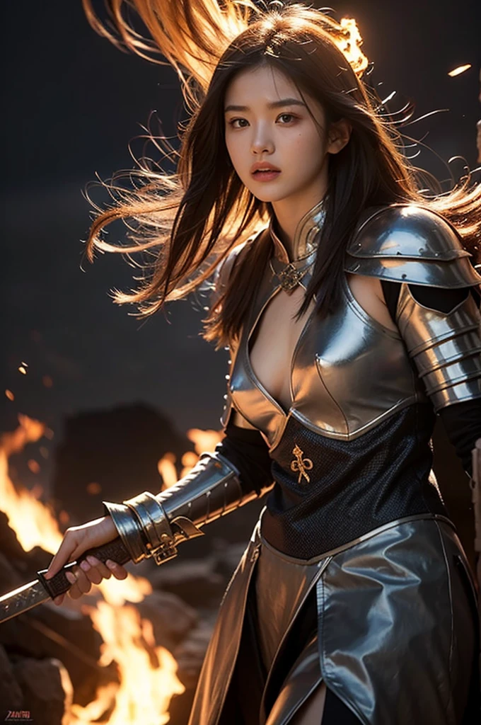(One Night Girl)、Highest quality、masterpiece、Ultra-high resolution、(Photorealistic:1.4)、RAW Photos、1 girl、（Wear the Dark Knight's Armor）、Glowing Skin、(Random Hair),(((Dark fantasy)))、Fight with beautiful sword and shield expressions))),(((She has a gorgeous, long magic wand))),（Gorgeous gold metal body）、(Fighting Goblins、ghost、Fierce battle with the orcs),（Fight against strong enemies）、Fight hard、(Dilapidated dungeon ruins background)、（Ultimate beauty）、（A knight&#39;s helmet with attention to detail）、(Fighting the demon beast)、(Wizard&#39;s Hat)、((Ultra-Realistic Details))、Portrait、(強力なhugeな魔獣の背景),Global Illumination、Shadow、Octane Rendering、8k、Super sharp、huge 、Bare skin exposed in the cleavage、Metal、Intricate decorative detailore about Japan、Very intricate details、Realistic Light、(Mystical Expressions),CGSoation Trend、Red eyes、Shining Eyes、To the camera)、Gundam、Small LED、Toostook、（Background of the mutation）、（Monster Beast Attack）、Ultimate beauty、Beautiful female knight、Wear colorful armor、A sword with great attention to detail、（Wearing legendary armor）、