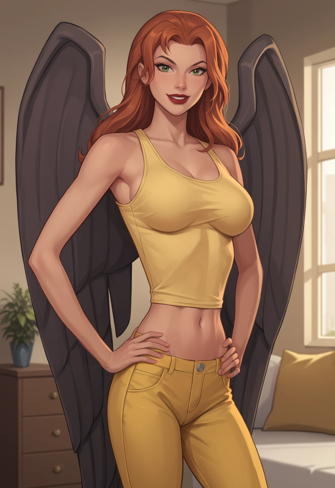 safe_pos, PonyXLV6_Scores BREAK ((retro artstyle, parody)), perfect anatomy, cowboy shot) shayera hol, wings, long hair, green eyes, ((looking at viewer)), superhero, yellow racerback tank top, yellow jeans, yellow bomber jacket, curvy, athletic, large breasts, standing, indoors, smile, bedroom , happy expression, red lipstick, open jacket, hands on hips, sexually suggestive pose, seductive pose