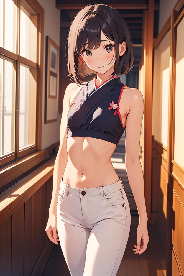 masterpiece, best quality,anime style, 1 girl,(((slender body))), (((small breast))),(((hot pants, white tanktop,red tie))), ((((restrained, arms behind back)))),((((cum)))), (beautiful face), (((short hair))), (((straight hair))), ((((brown hair)))),detailed beautiful skin, (perfect hands, perfect anatomy)