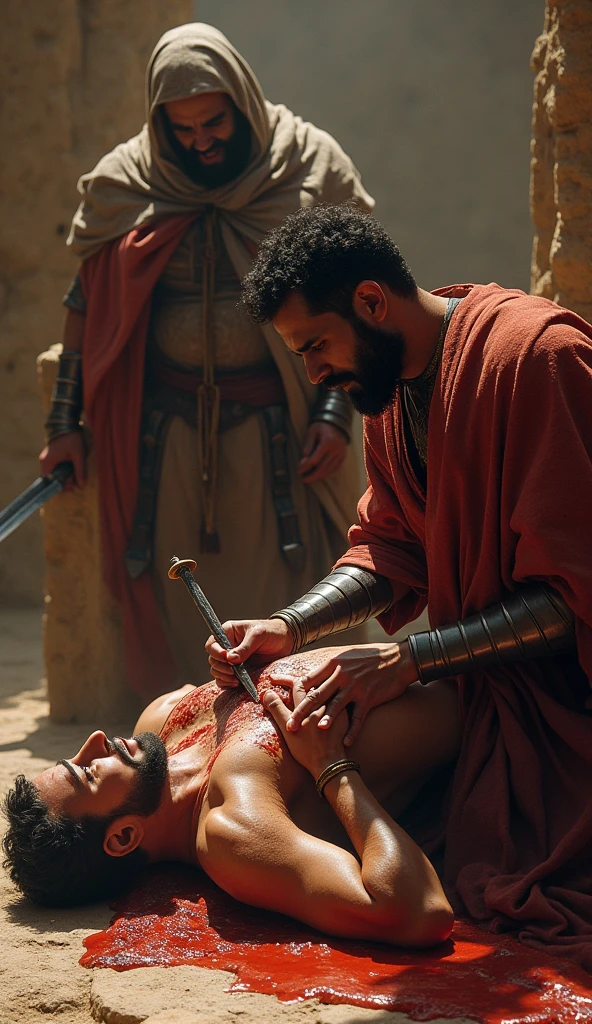 I need you to make me a picture of a 1 slave from 1490 examining a man with wounds on his back