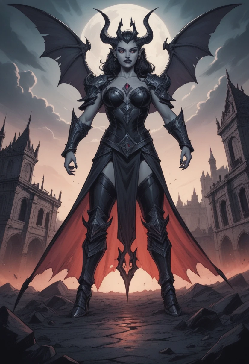 Red skin succubus tiefling, large breasts, black horns, wings, huge tail, black leather, crop top, long flowing pelvic curtain, tall, toned, graceful, thin, long black ponytail. Action scene, whip. Dark scene, explosions, night sky.
