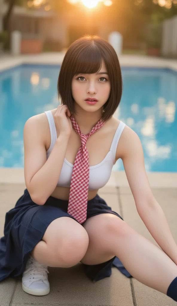after raped,nipples,asia girl,japanese girl,（Showing panties:1.5),（blonde hair）,（Blonde girl）（Blonde color）,（tan skin:1.2）（taned skin）,black eye,（highschool uniforms）,（check skirt）,（white Panties）, （mega breast）,（huge breasts）,（bob hair:1.6）,（short hair:1.6）,（Glaring）,glower,get angry（Angry）,（micro-bra1.5）,（most micro size bra1.5）,（Pink checked bra1.5）,cute pattern pink bra,（semen on his forehead, face and chest:1.5）,（emphasize cleavage）,（semen on forehead）,（semen on your face）（a lot of semen）,Crouching cowgirl,photograpy,,prostitute,beautiful skin ,looking here, your chest with your hands,put your hand between your legs,（glaring at the viewer1.3）, ((masterpiece)), ((Highest quality)), (Very detailed), (Multi-point), , (device), ((Very detailed)), 4K, (8k), Highest quality , shape, ,hyper Genuineistic, Genuine, , Thick outline, Clear contours, school pool, (1 girl), (Schoolgirl uniform :1.5),