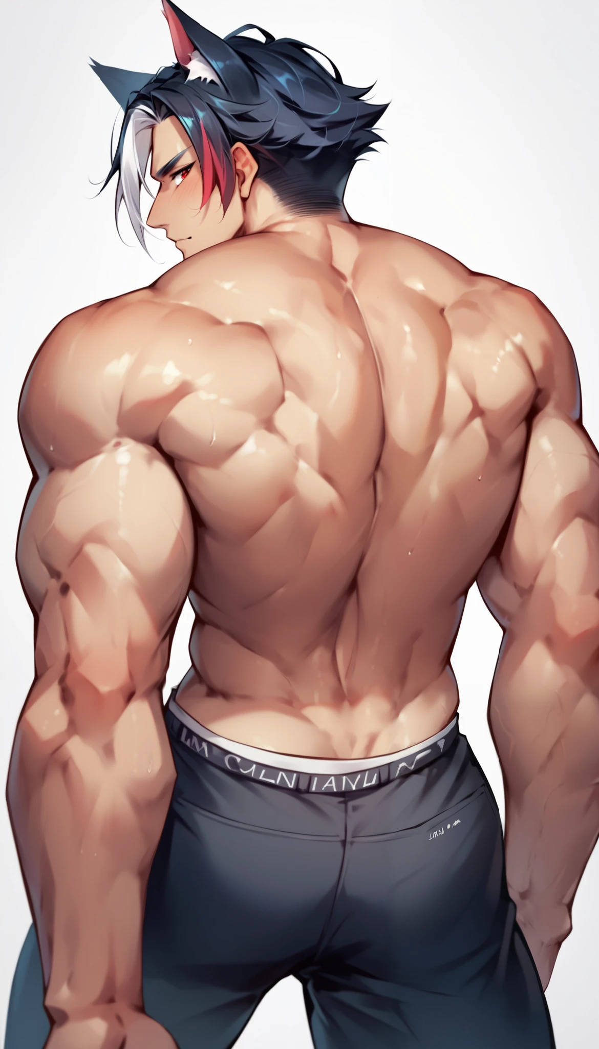 A muscular boy, male focus, featuring animal ears, heterochromia, and red eyes. The shot is taken from a close-up, low-angle perspective, focusing on his large, well-defined arms and toned, attractive abs. His torso remains lean and youthful, with sculpted abdominal muscles that stand out naturally. His black hair flows slightly over his face, which is partly in the frame, but the emphasis is on his powerful physique. His confident gaze is slightly downward, adding to his presence. His body is slightly leaned back, emphasizing his muscular arms and drawing attention to his abs. The lighting highlights the contours of his muscles, making his stomach look naturally defined and aesthetically appealing. He wears pants, and his arms are positioned in a relaxed but strong pose. The overall aesthetic is inspired by manhwa style, balancing a youthful but powerful look.