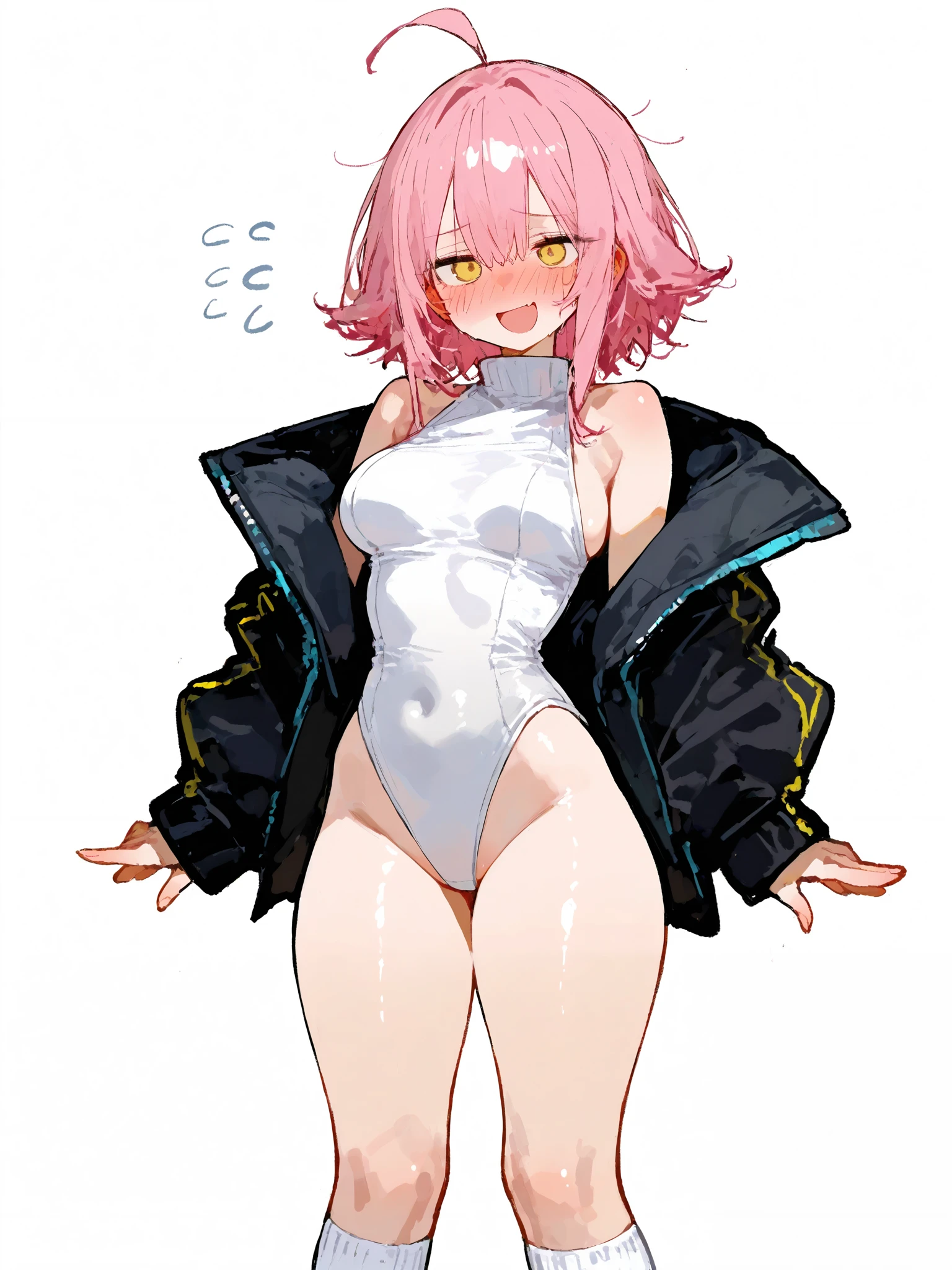 high quality、16km race、anime screen capture、NSFW、L○ri、l○w length、(((small chest)))、(○besity)、(thick thighs)、(pink hair)、(((wavy hair)))、ah○ge、(Riman)、 (Sh○rt hair)、b○b cut、(dripping sweat)、:d、one eye closed、(m○uth wide ○pen)、((orange eyes))、(V-shaped eyebrows)、white leotard、((yellow lens goggles))、pink scarf、Brown gloves、white knee socks、blue crystal、big ass、(hands on hips)、In town、Hero Pose