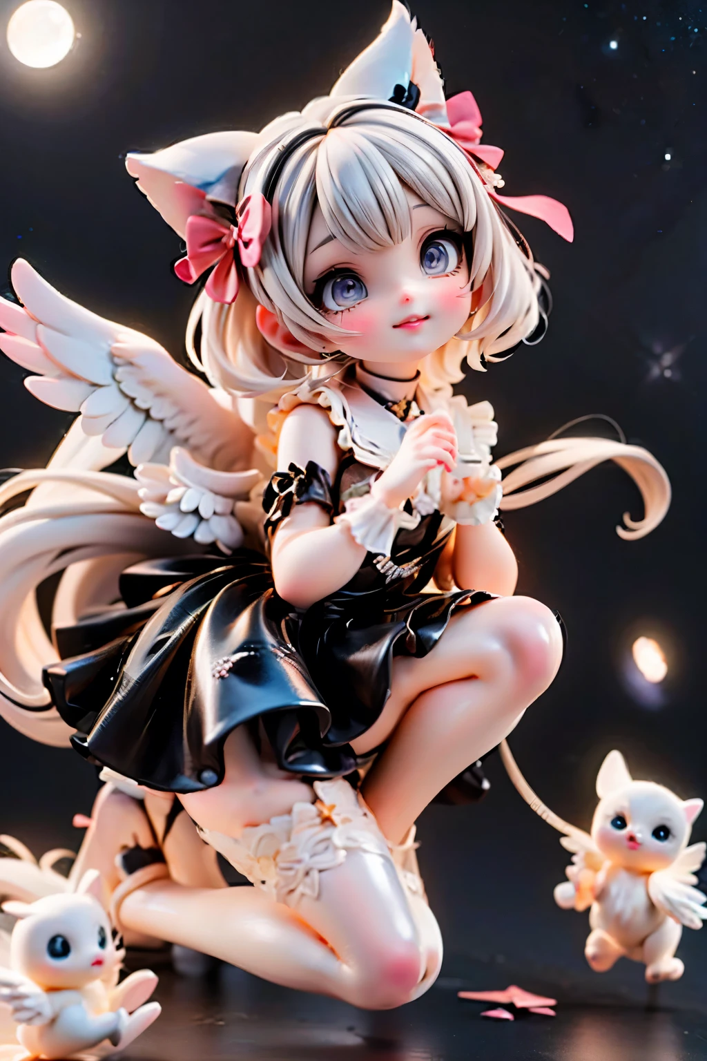 Floating cherub in a whimsical moonlit sky: Petite angel with bright, sparkling eyes and intense smokey eyes makeup poses dynamically beneath the celestial canvas of twinkling stars, surrounded by swirling white hair adorned with colorful hairbows. Softly lit by a star-shaped lamp, her beauty is amplified by a stunning moon-themed dress, white hosiery, and patent leather pumps that seem to shine like the stars themselves. Focus on the footwear as plum-colored flowers bloom in the night's surrealistic scene.
