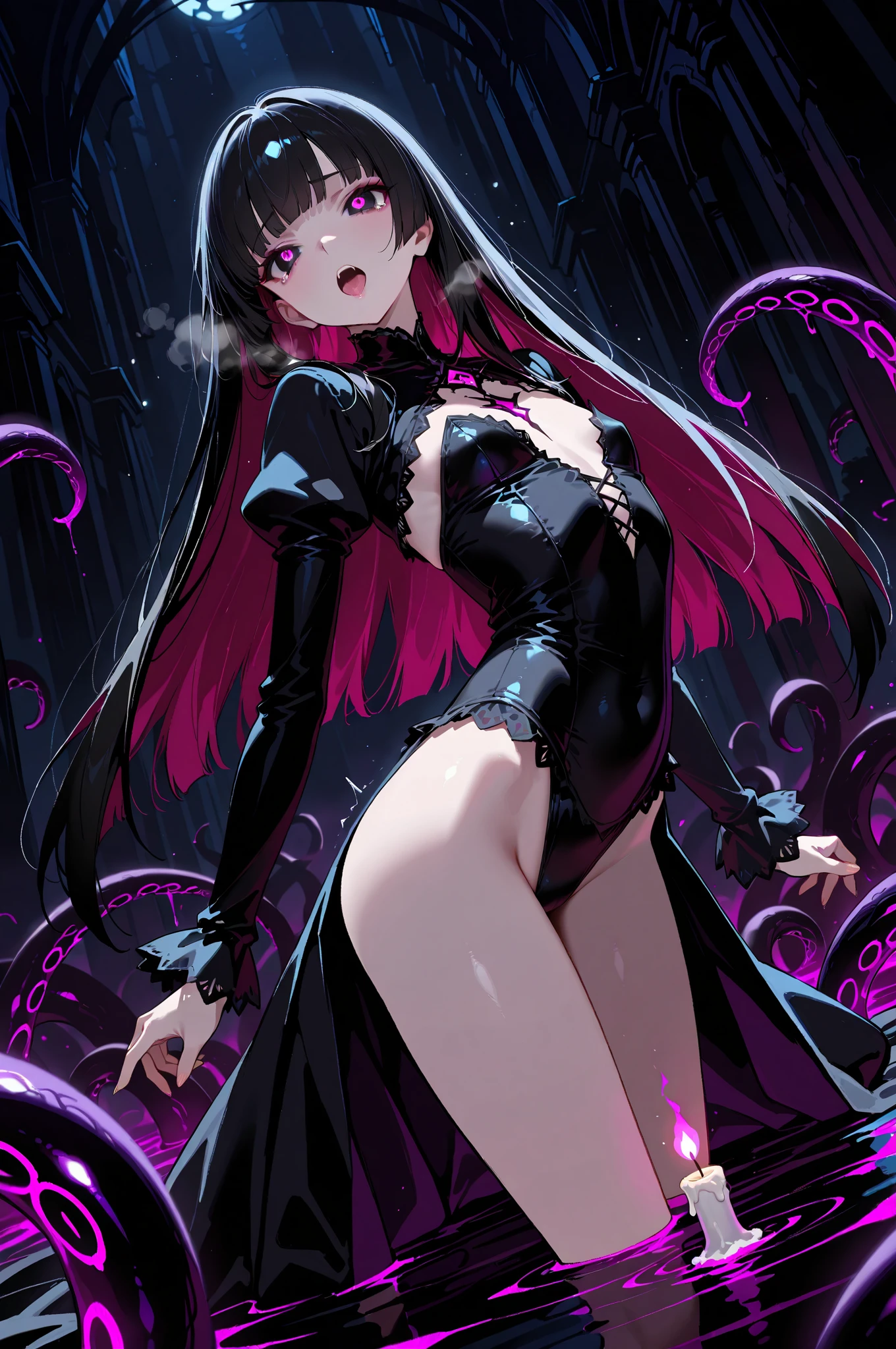 (best quality,4k,8k,highres,masterpiece:1.2),ultra-detailed,(realistic,photorealistic,photo-realistic:1.37),striptease,noir, dark and intimate,private dance,violet neon lights, (noir, dark:1.3),back view,low angle,feel of a private room,tentacles reaching out to her,detailed movement of tentacles,erotic atmosphere,seductive expressions,sensuality,temptation,twisted fantasy,captivating performance,mysterious aura,alluring charm,enticing movements,dynamic composition,vivid colors,soft and sultry lighting,exquisite choreography,stunning visual effects,provocative dance,tempting curves,subtle and captivating emotions,a mesmerizing blend of power and vulnerability,twisted seduction,sensory overload,mysterious allure,seduction in the darkness. sexy bunny suit, Black tights, bare_shoulders, delicate hands, extremely detailed lace