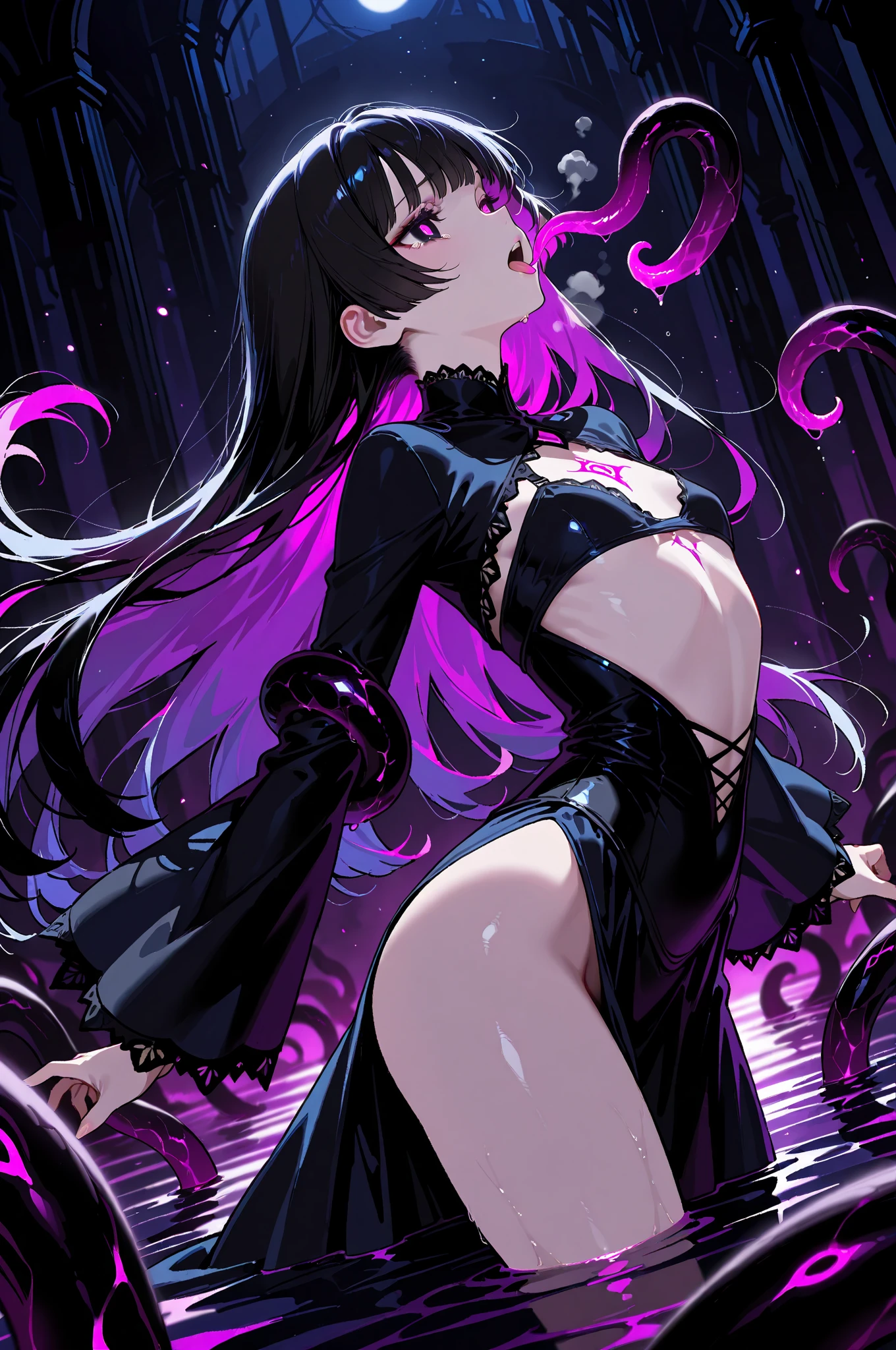 glossy black thick hair,Big waves,Beautiful, provocative and delicate crimson eyes,A look of contempt for everything,figure火辣的姐儿,Particularly aggressive and flamboyant,There are beauty moles,Wearing black tights,Silver necklace,Feeling like an entertainment queen,The body is fluorescent,十分Amazing,Beautiful and beautiful,perfect face、figure,purple crystal necklace,Particularly clear、Amazing、pure、A little dark,He is a very good character,The female sea king sister who looks like a femme fatale