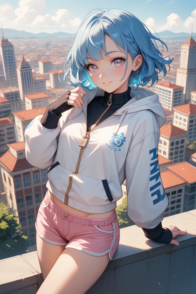 Young girl top quality top image quality masterpiece light klein blue shiny hair high ponytail cyberpunk grey eyes white top shorts hands mouth details complete