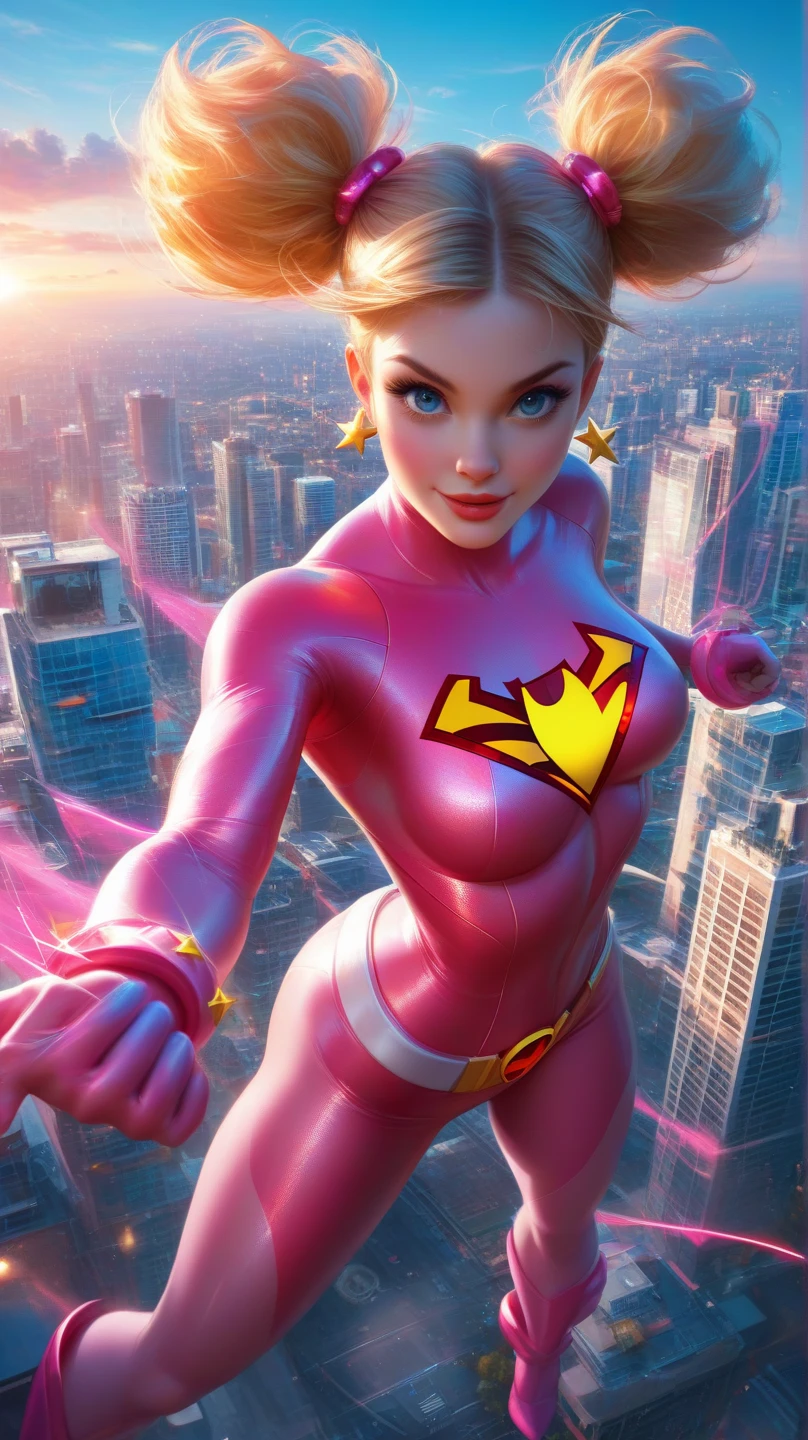 (High quality, best rendering),super girl from DC Comics, gigantic cleavage breasts, psychopath, Crazy face, Sexy pose, 2 pieces super girl latex outfit, tight top, Pastel, Centered, Scale to fit the dimensions, Miniature tong, Tiny micro bikini, Pubic hair is exposed，camel-toe flying in the sky of newyork,