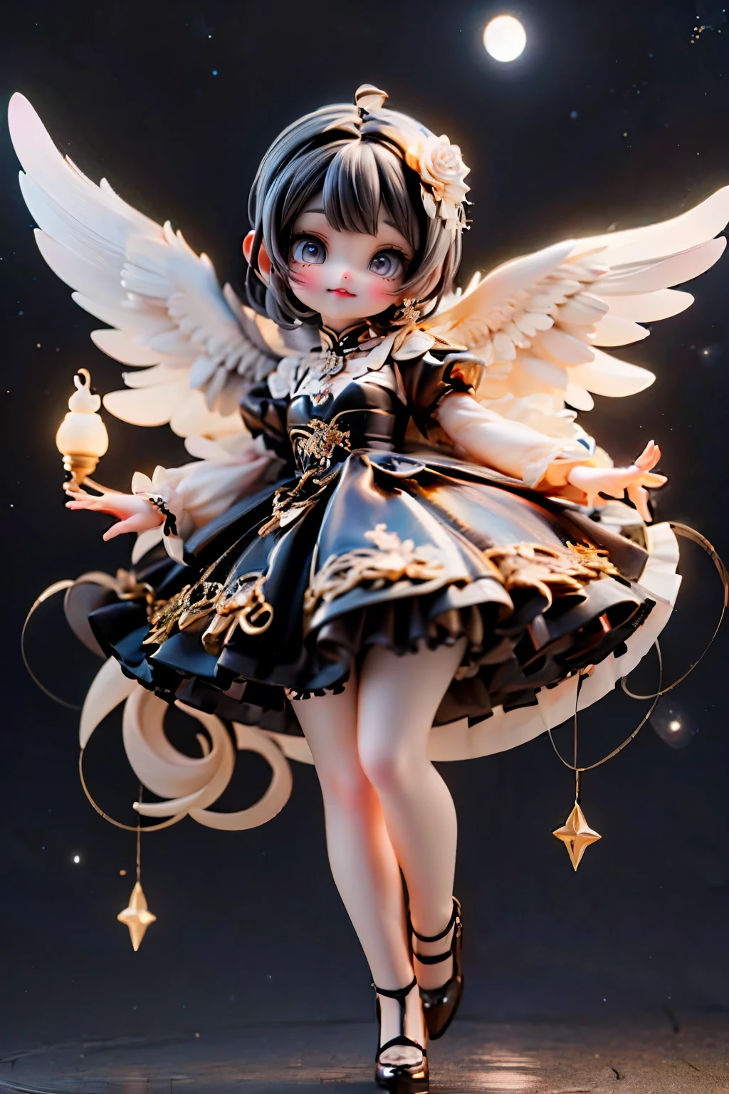 A cherub's whimsical flight: A ite, winged cherub floats serenely in a starlit sky, illuminated by a radiant 'star lamp'. Her bright, sparkling eyes shine like beacons amidst intense smokey eye makeup and flush-tinted cheeks. A stunning moon-themed gown flows around her, paired with white hosiery and patent leather pumps adorned with tiny stars. The cherub's dynamic pose is set against a surrealistic night sky, where stars twinkle like diamonds. Framed from a low angle, the focus remains on the footwear, as if the viewer is looking up at the whimsical scene from below.