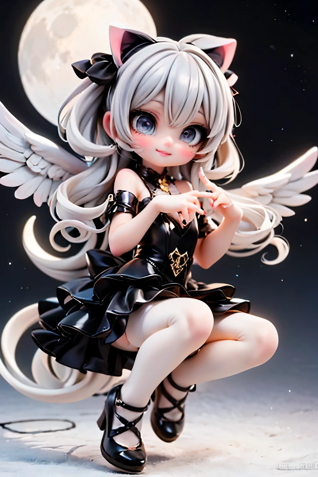 Floating cherub in a whimsical moonlit sky: Petite angel with bright, sparkling eyes and intense smokey eyes makeup poses dynamically beneath the celestial canvas of twinkling stars, surrounded by swirling white hair adorned with colorful hairbows. Softly lit by a star-shaped lamp, her beauty is amplified by a stunning moon-themed dress, white hosiery, and patent leather pumps that seem to shine like the stars themselves. Focus on the footwear as plum-colored flowers bloom in the night's surrealistic scene.