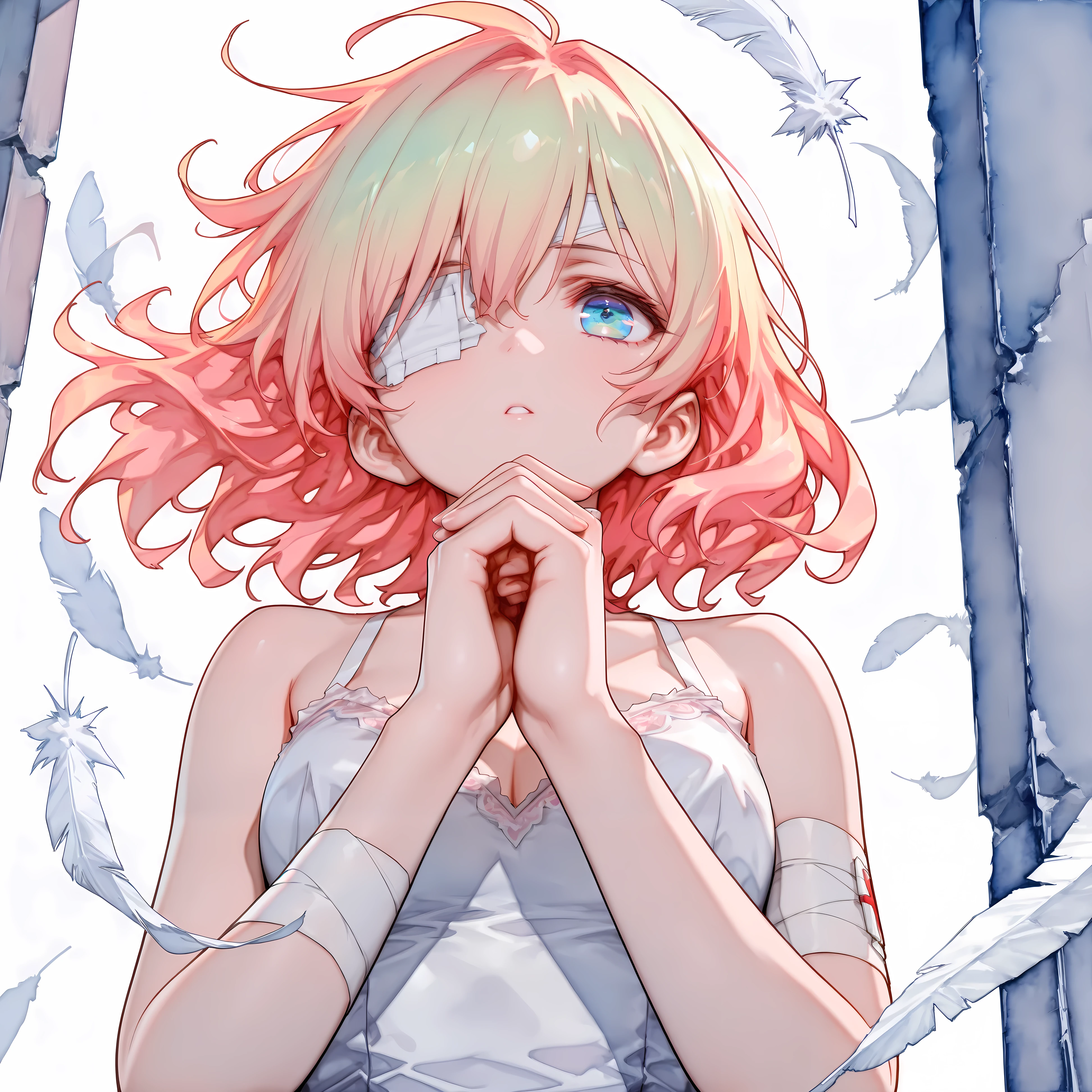 (Watercolor:1.5, Impossibly perfect art, masterpiece:1.2, top quality, Intricate:1.35, Absurdly amazing quality, highly detailed, highres, top quality anime, delicate:1.2), BREAK, 1girl, solo, has one feather, white dress, tattered, bandage, bandage on one eye, diagonal, praying, BREAK, background: Beautiful feathers fluttering:1.5, Gorgeous, beautiful lighting, BREAK, from below, dynamic angle