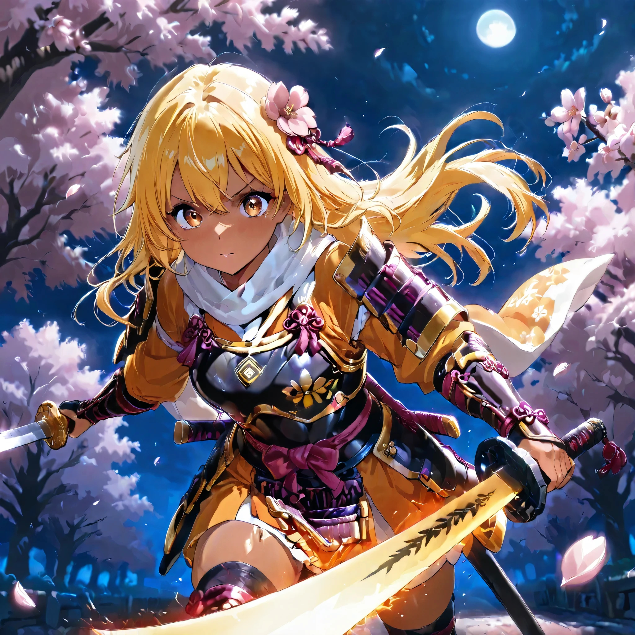 1 girl + Master of Swords + with a sword + Overwhelming Enemy +Ninja +Sengoku Warlord Armor +The Big Picture + yellow hair +The dignity of the general + shiny tanned skin +The magic sword glows orange 、
battlefield + Cherry Blossoms at Night + Sword effect