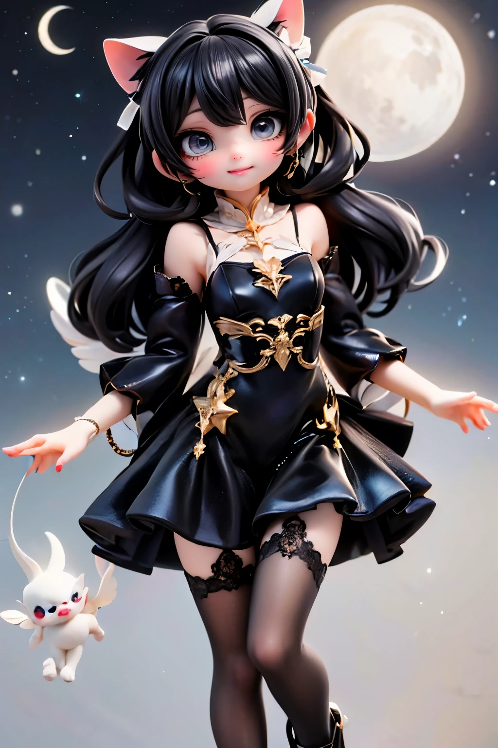 A cherubic figure, petite and adorable, floats serenely in the night sky illuminated by a radiant star lamp. Her bright, sparkling eyes shine like diamonds against the dark blue canvas. A tumble of white, large hair frames her face, adorned with colorful hairbows. Intense smokey eyes makeup and blushing cheeks add depth to her cherubic features. She wears a stunning moon-themed dress that shimmers under the starlight, paired with white hosiery and patent leather pumps that seem to be made of starlight itself. The focus is on the dynamic pose, as if she's defying gravity, amidst a surrealistic scene where sparkling stars twinkle in the night sky. The low-angle shot from below creates an otherworldly atmosphere, drawing the viewer into this fantasy realm. The overall style is reminiscent of magical, surreal art.