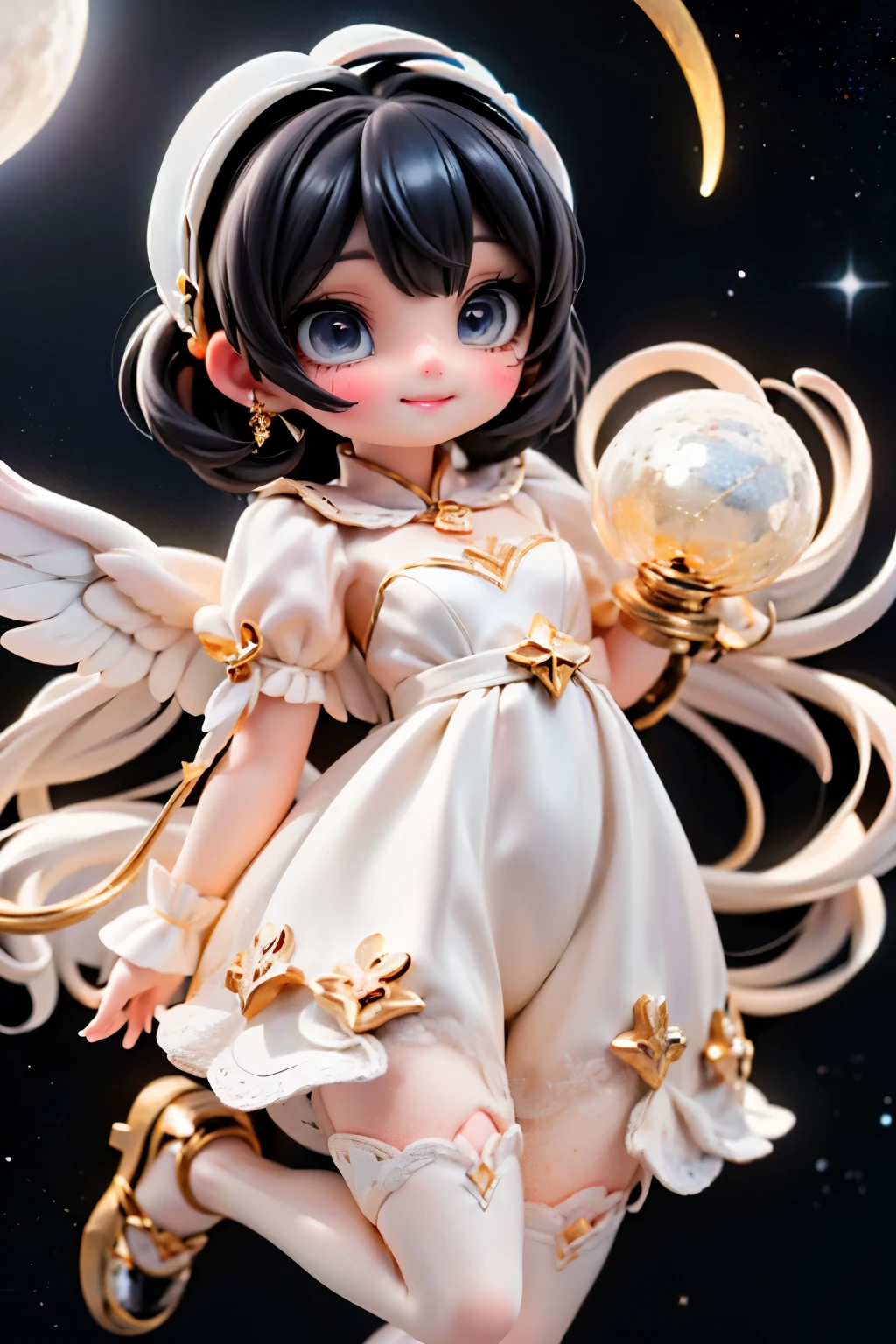 A cherub's whimsical flight: A ite, winged cherub floats serenely in a starlit sky, illuminated by a radiant 'star lamp'. Her bright, sparkling eyes shine like beacons amidst intense smokey eye makeup and flush-tinted cheeks. A stunning moon-themed gown flows around her, paired with white hosiery and patent leather pumps adorned with tiny stars. The cherub's dynamic pose is set against a surrealistic night sky, where stars twinkle like diamonds. Framed from a low angle, the focus remains on the footwear, as if the viewer is looking up at the whimsical scene from below.