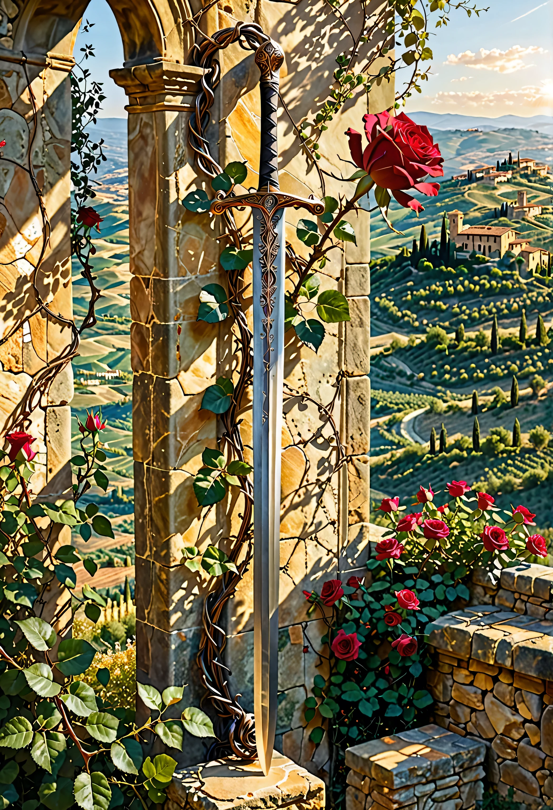 a red rose stem with several flowers wraps around a long steel sword , the sword is vertically stuck into the stone, acne on a hill in Tuscany