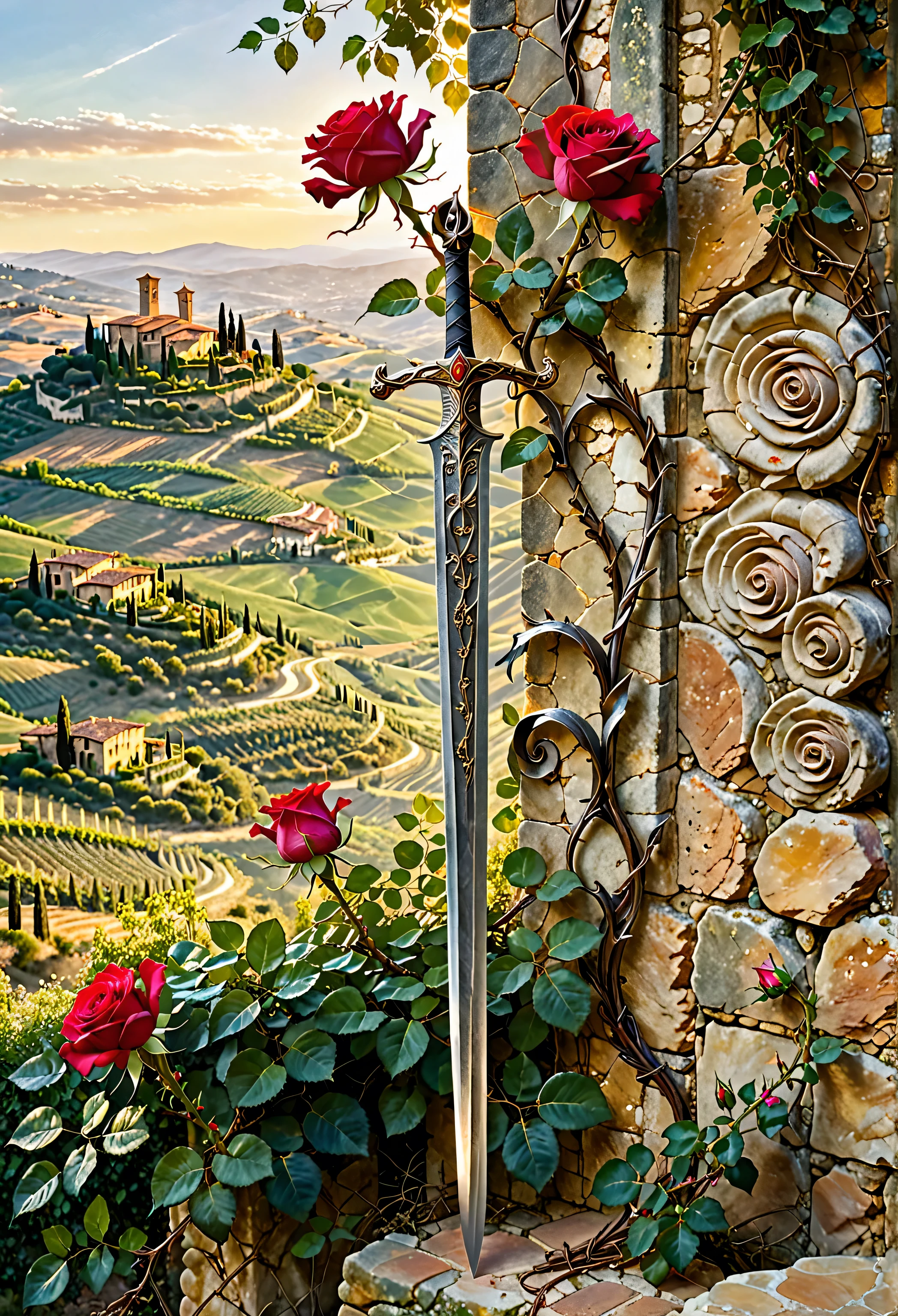 a red rose stem with several flowers wraps around a long steel sword , the sword is vertically stuck into the stone, acne on a hill in Tuscany