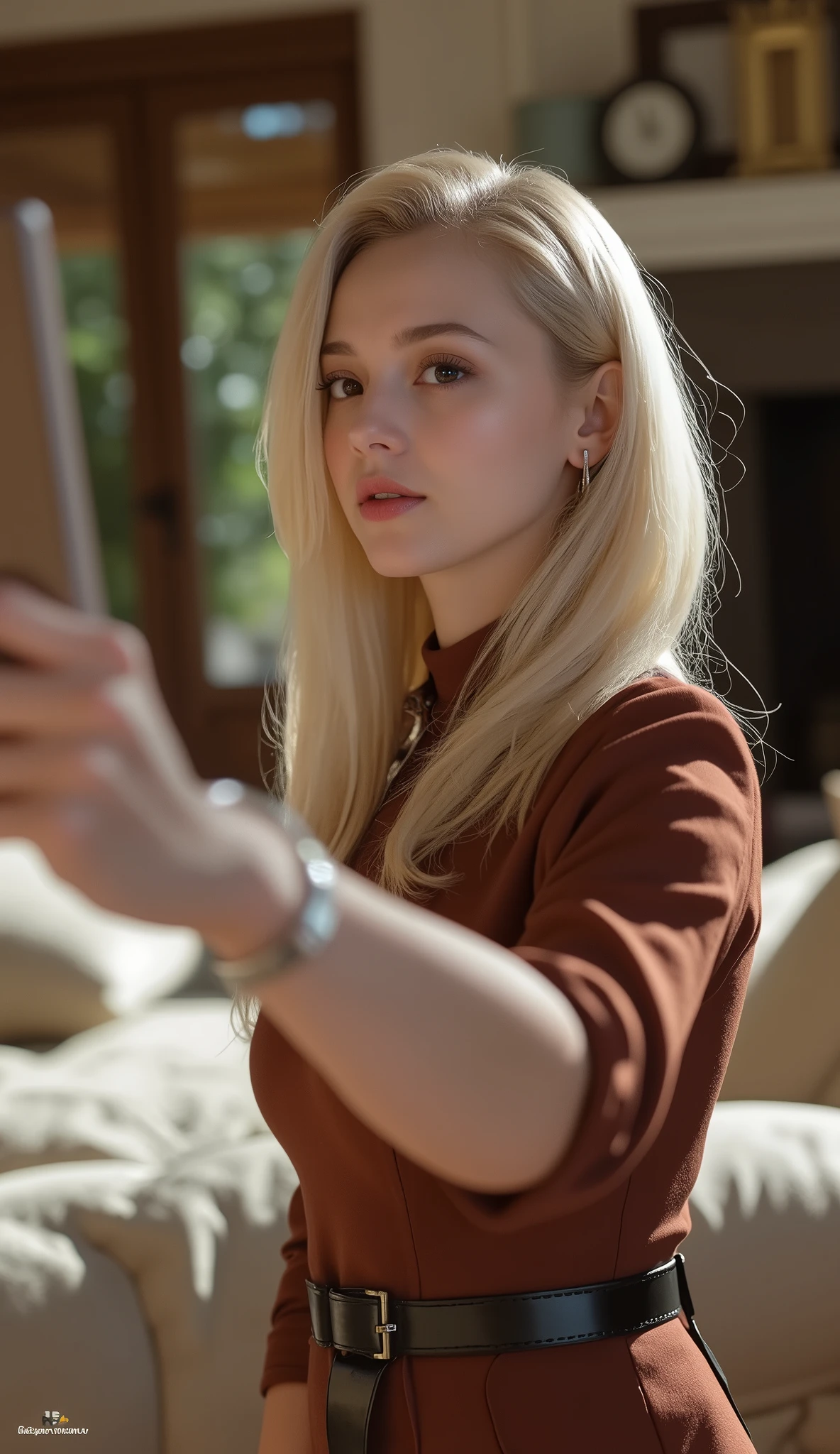 portrait of a 48-year-old blond French woman from 1940 , Period costume, Real leather , taking a selfie with a smartphone, ( living room with historic furniture , Calm, soft light: 1.2)