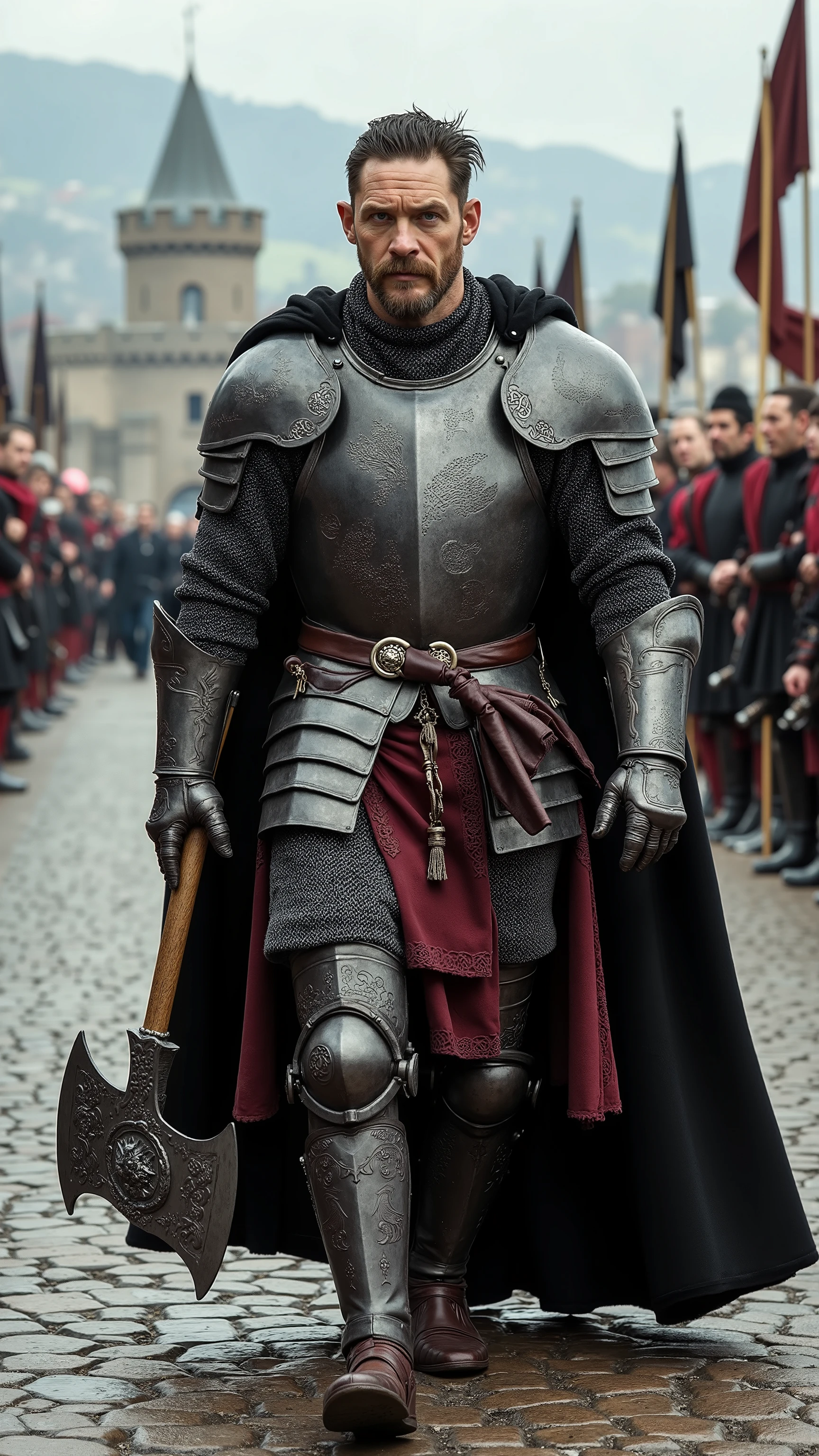 Tom Hardy as a knight walking and carrying a battle axe､dramatic atmosphere, 1 man､He has piercing blue-gray eyes and short, tousled dark brown hair, with a few loose strands falling over his forehead. 

He wears a masterfully crafted suit of polished steel armor with dark silver engravings, the breastplate reinforced with overlapping plates for added protection. His broad shoulders are covered by curved, wolf-shaped pauldrons that connect seamlessly to articulated rerebraces and vambraces etched with Norse-inspired knotwork. Beneath the armor, a shimmering chainmail hauberk drapes over his torso, glinting in the sunlight. A wide leather belt with a silver buckle secures a dark crimson tabard embroidered with silver thread. His greaves and sabatons are polished to perfection, their surfaces reflecting the daylight. Draped over his back is a deep charcoal velvet cape, lined with rich burgundy silk, fastened by a dragon-shaped silver brooch.  

In one hand, he wields a broad battle axe with an ornately engraved steel head, the handle wrapped in dark leather for a secure grip.  

The background features a medieval bridge overlooking a grand cityscape. Stone towers rise in the distance, their banners fluttering in the breeze. Merchant carts line the bridge, their goods covered in fine fabrics, while guards stand watch along the stone parapets. 

Shows the full figure of his male character, athletic body, perfect face, full body, extremely handsome, male figure, perfect anatomy, photorealistic, masterpiece, realistic, high contrast, 8k, HD, high resolution detailed, detailed, hyper detailed, realistic skin texture, best quality, ultra high resolution, hyper realistic, no text, highly detailed eyes, impressively bright lighting