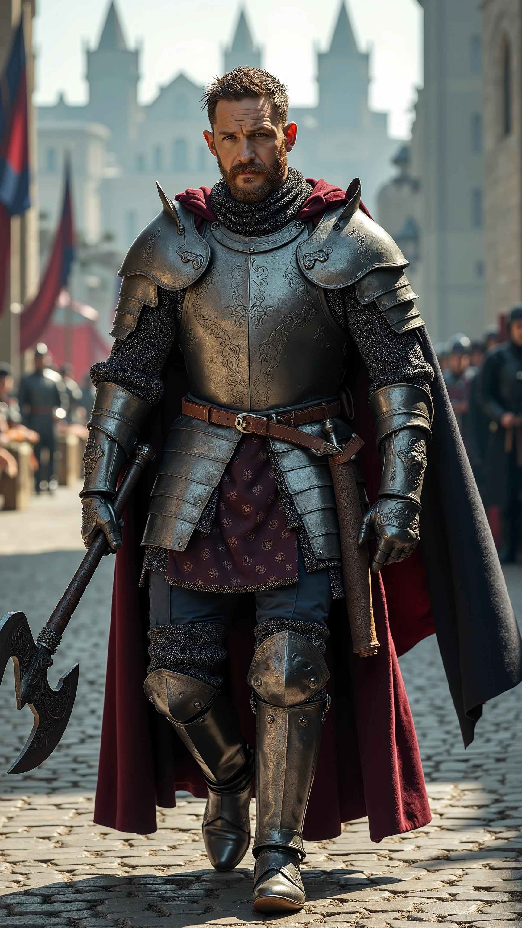 Tom Hardy as a knight walking and carrying a battle axe、dramatic atmosphere, 1 man、He has piercing blue-gray eyes and short, tousled dark brown hair, with a few loose strands falling over his forehead.
He wears a masterfully crafted suit of polished steel armor with dark silver engravings, the breastplate reinforced with overlapping plates for added protection. His broad shoulders are covered by curved, wolf-shaped pauldrons that connect seamlessly to articulated rerebraces and vambraces etched with Norse-inspired knotwork. Beneath the armor, a shimmering chainmail hauberk drapes over his torso, glinting in the sunlight. A wide leather belt with a silver buckle secures a dark crimson tabard embroidered with silver thread. His greaves and sabatons are polished to perfection, their surfaces reflecting the daylight. Draped over his back is a deep charcoal velvet cape, lined with rich burgundy silk, fastened by a dragon-shaped silver brooch.
In one hand, he wields a broad battle axe with an ornately engraved steel head, the handle wrapped in dark leather for a secure grip.
The background features a medieval bridge overlooking a grand cityscape. Stone towers rise in the distance, their banners fluttering in the breeze. Merchant carts line the bridge, their goods covered in fine fabrics, while guards stand watch along the stone parapets.
Shows the full figure of his male character, athletic body, perfect face, full body, extremely handsome, male figure, perfect anatomy, photorealistic, masterpiece, realistic, high contrast, 8k, HD, high resolution detailed, detailed, hyper detailed, realistic skin texture, best quality, ultra high resolution, hyper realistic, no text, highly detailed eyes, impressively bright lighting