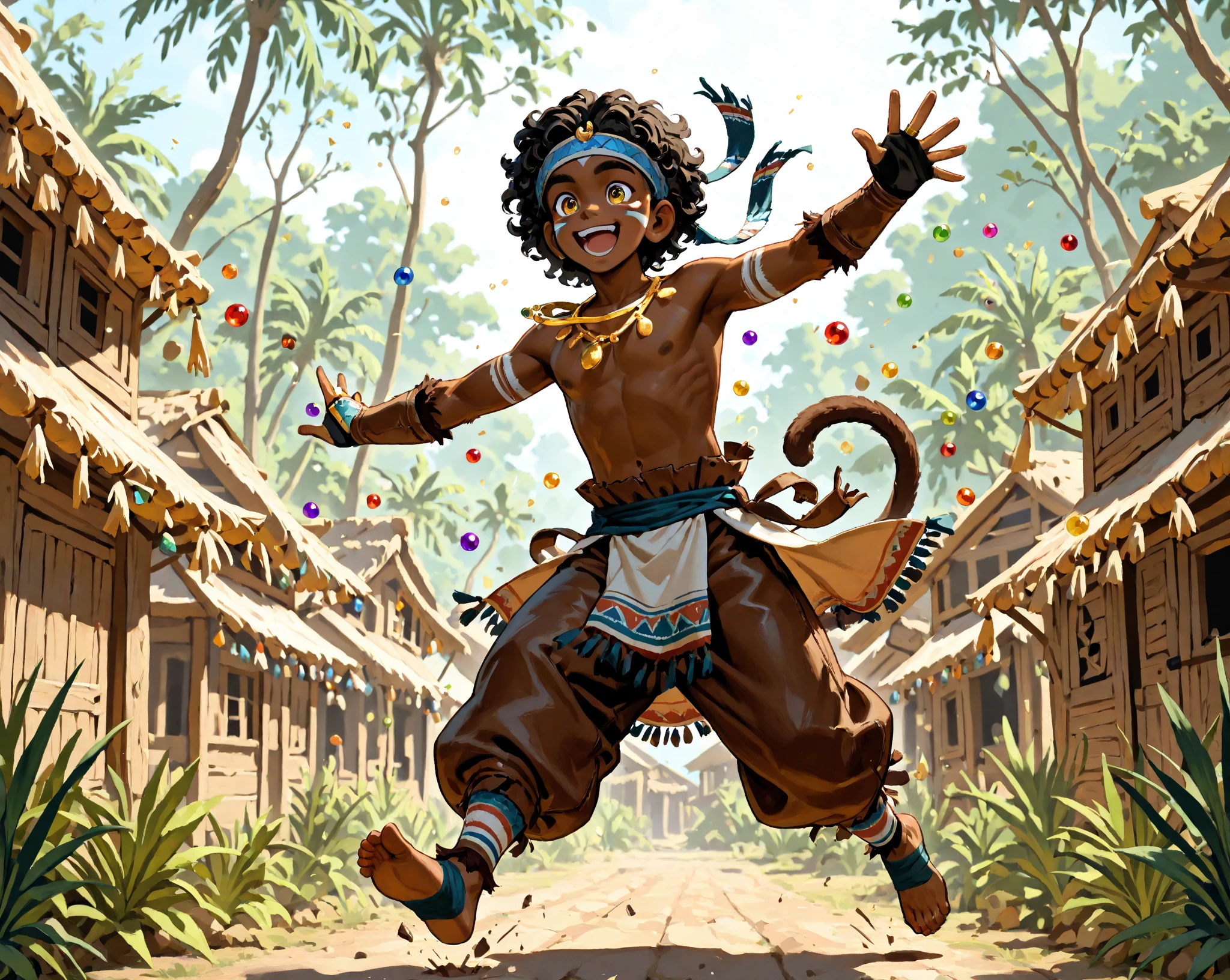 Masterpiece, jungle, waterfall, sunny, one little boy in tribal clothes, smiling, long green and yellow cape, anatomically correct beautiful face with nig brown eyes, very detailed hands and fingers