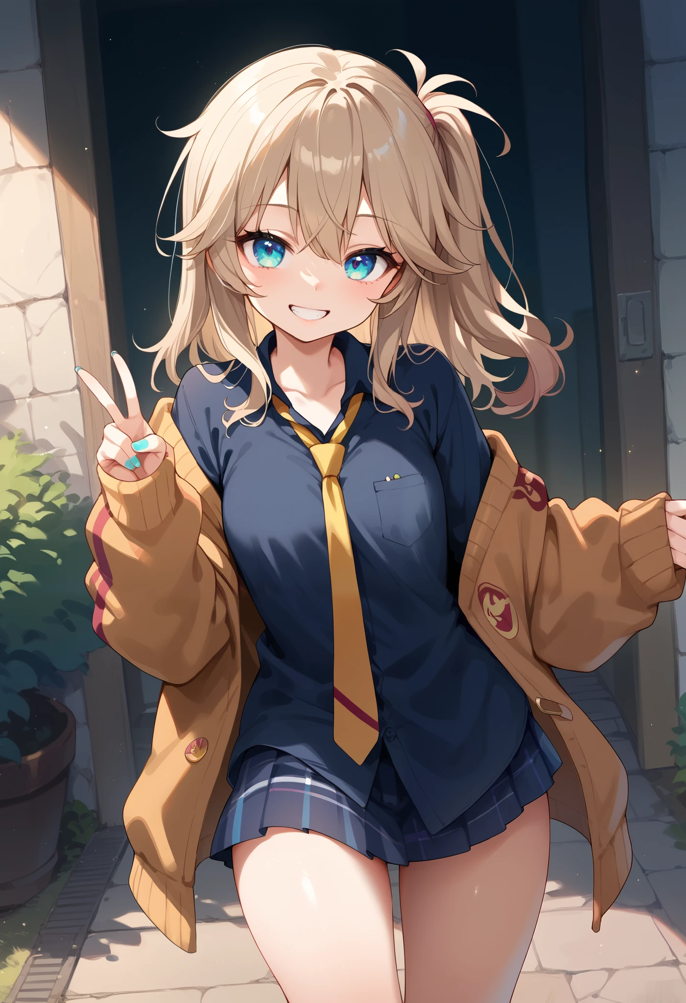  score_9, score_8_up, score_7_up, score_6_up, score_5_up, score_4_up,
1 girl,Alone,,Kasukabe Tsumugi, blue eyes,light brown hair,one side up, eyelashes,Moles Under Eyes,eyebrows visible through hair,nail polish,tooth,small breasts,watching viewers,
 shirt,black  shirt,watching viewers,tie,miniskirt,smile,jacket,standing,v sign, thighs, 

