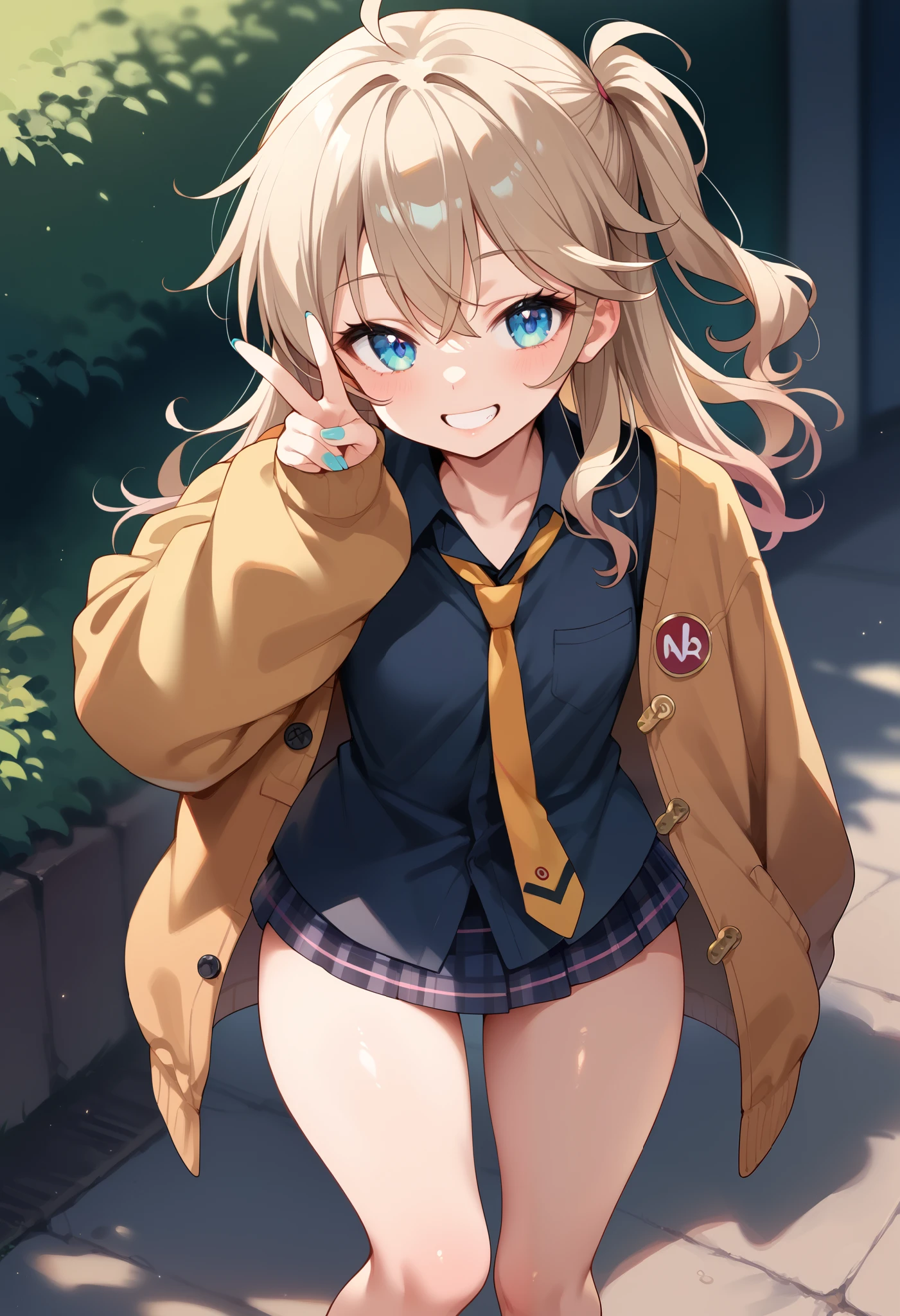 score_9, score_8_up, score_7_up, score_6_up, score_5_up, score_4_up,
1 girl,Alone,,Kasukabe Tsumugi, blue eyes,light brown hair,one side up, eyelashes,Moles Under Eyes,eyebrows visible through hair,nail polish,tooth,small breasts,watching viewers,
shirt,black shirt,watching viewers,tie,miniskirt,smile,jacket,standing,v sign, thighs,