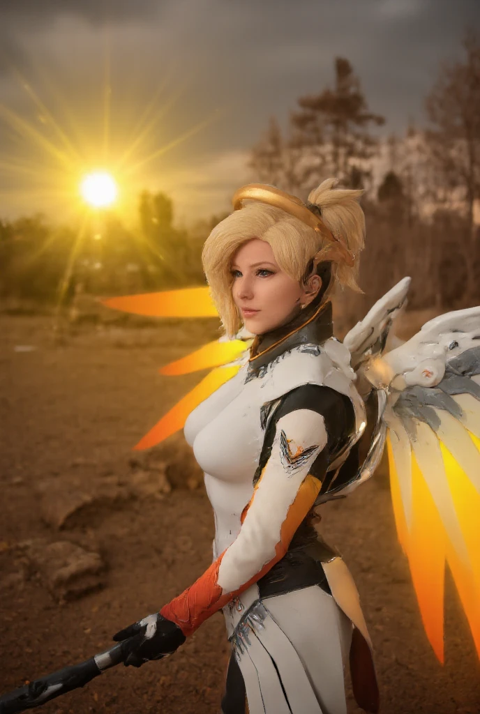 1 girl, alone, Kindness (Overwatch), mechanical radius, chest, blue eyes, blonde hair, tights, mechanical wing, wing, radius, Holding, bodysuit, yellow wing, brown tights, lips, glove, Pelvic curtain, black glove, big breast, full body, sky, Green fields and mountains, (realism:1.2), (Masterpiece:1.2), (best quality), (very detailed), (8ก, complicated), (85mm), light particles, light, (Highly detailed:1.2), (detailed face:1.5), (color gradient), NRF, colorful, (Detailed eyes:1.2), (Detailed background), (Third rule_component:1.3), (Line of action:1.2), wide angle shot, Daytime, alone.