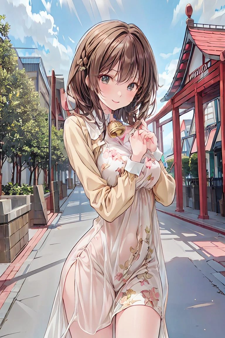masutepiece, High quality, Best Quality, High resolution, 4K, High Definition, Beautiful lighting,Highly detailed face, well-drawn hands, well-drawn legs,well-drawn feet,well-drawn eyes,1girl in,kaede, Brown hair, Brown eyes, Medium breasts，red cheongsam，red shorts，knee high socks，Short boots，Chinese style streetscape，Two buns of hair