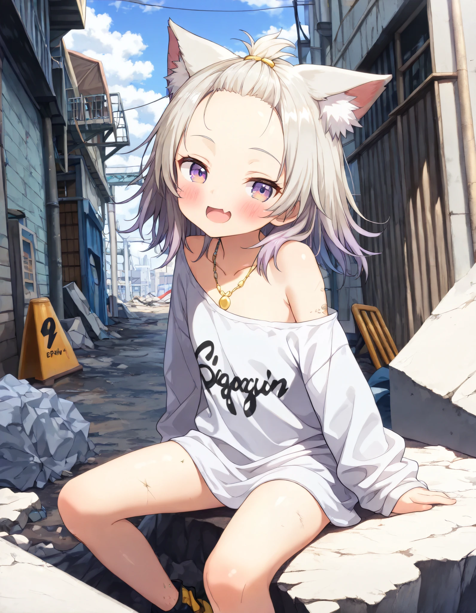 ((Masterpiece)), ((best quality)), (8K), (wide shot), (detailed background:1.2), (super detail:1.2),(High Definition:1.3), (Professional Photography:1.2), (very aesthetic:1.2), (absurdres:1.2), (sharp focus), ((1girl)), young Girl, (Textured skin), (pale purple eyes, gradient eyes, looking at side), (platinum-gold hair), (bangs pinned back, cute forehead), gradient hair, blue color Hair Tip, (medium hair), small breast, (Healthy Gaunt body), (open mouth wide, skin fang), seductive smile, blush, (cute cheeks), glossy lips, pouty lips, (lower eyelashes), tilt head, (put on cat ears), Beautiful collarbones, BREAK, ((Frayed loose Long Sleeve T-shirts, ragged loose Long Sleeve T-shirts)), (bare left shoulders, bare neck), (Elegant necklace, simple gold necklace), pull the shirt, ((loose sitting on the rubble, outstrech leg)), outside the rusty Collapsed road, (View of the slums), outdoor, summer day, (Beautiful landscape),