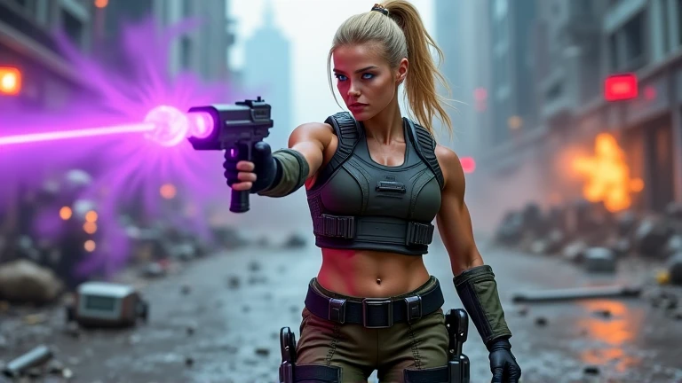 TerminatorBattleDamage, a KarahWrightAI girl with blonde hair and with facial battle damage consisting of torn flesh and blood and gore that reveals a terminator robot endoskeleton and red robot eye, she wears a white tank top and black distressed jeans, she holds a 9mm glock gun pistol as she looks into the camera with a serious facial expression, the image background is a dark city street at night with dim lighting and dynamic lighting that evokes a foreboding atmosphere, the style of the image is a gritty science fiction thriller scene with intricate and in-depth detail, <lora:KarahWrightAI_AINobody_Flux:0.8>, <lora:Hyper-FLUX.1-dev-8steps-lora:0.125>,  <lora:TerminatorBattleDamage_Flux:1>